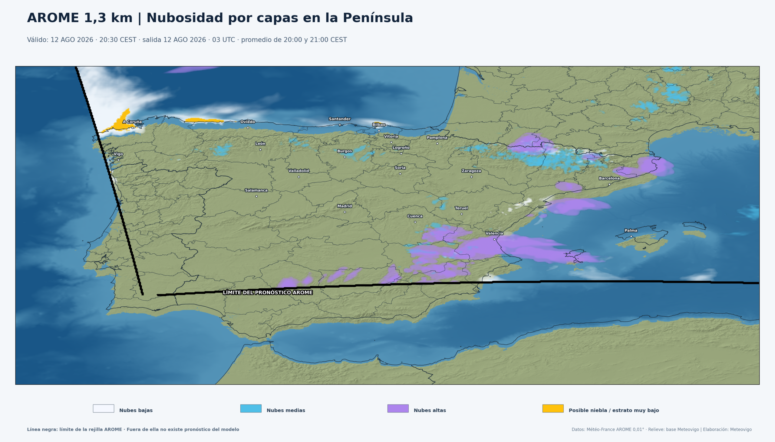 Mapa AROME de nubosidad por capas para el eclipse en la Península, con el límite de la rejilla señalado en negro