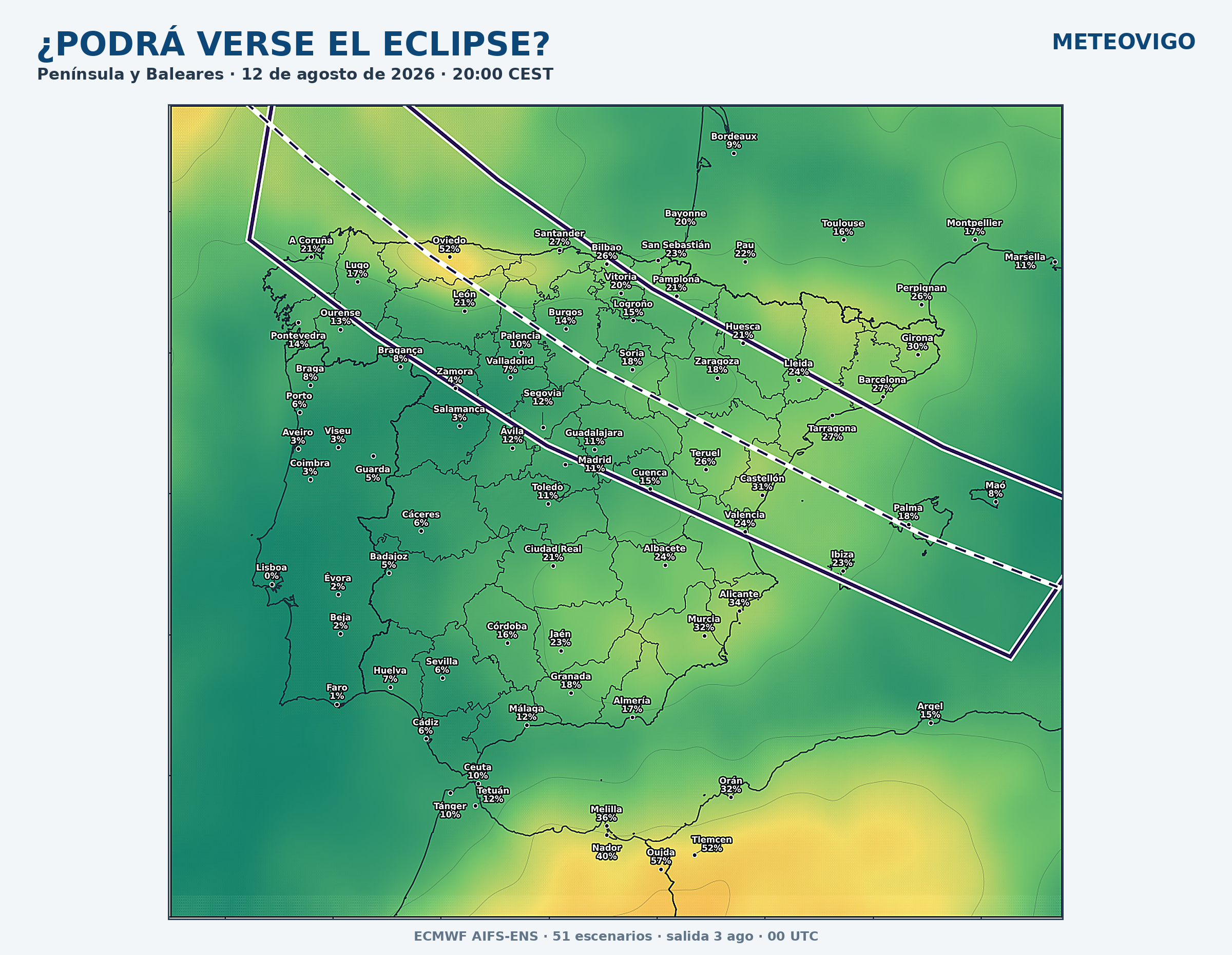 Mapa ECMWF AIFS-ENS de probabilidad de nubosidad obstructiva para observar el eclipse del 12 de agosto de 2026 en la Península y Baleares