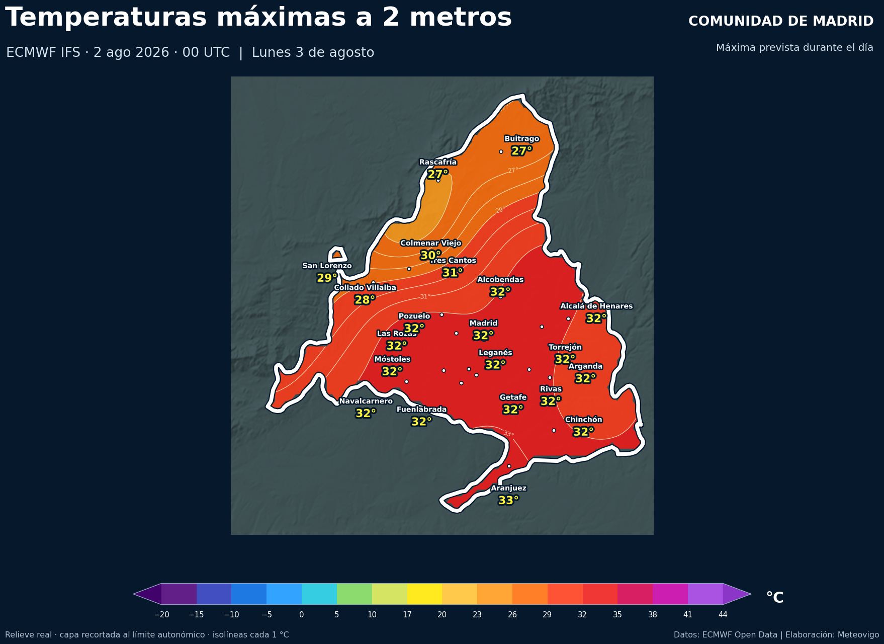 Temperaturas máximas previstas en la Comunidad de Madrid para el lunes 3 de agosto