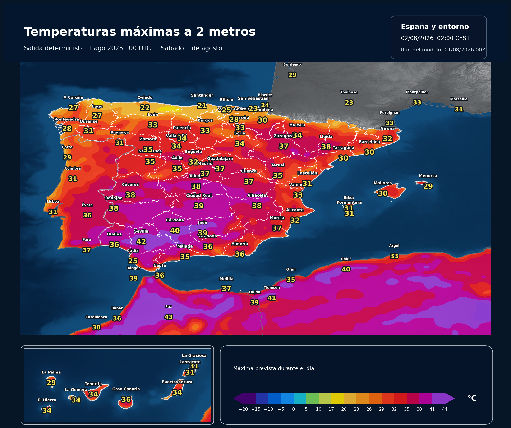 Temperaturas máximas previstas en España para el sábado 1 de agosto de 2026