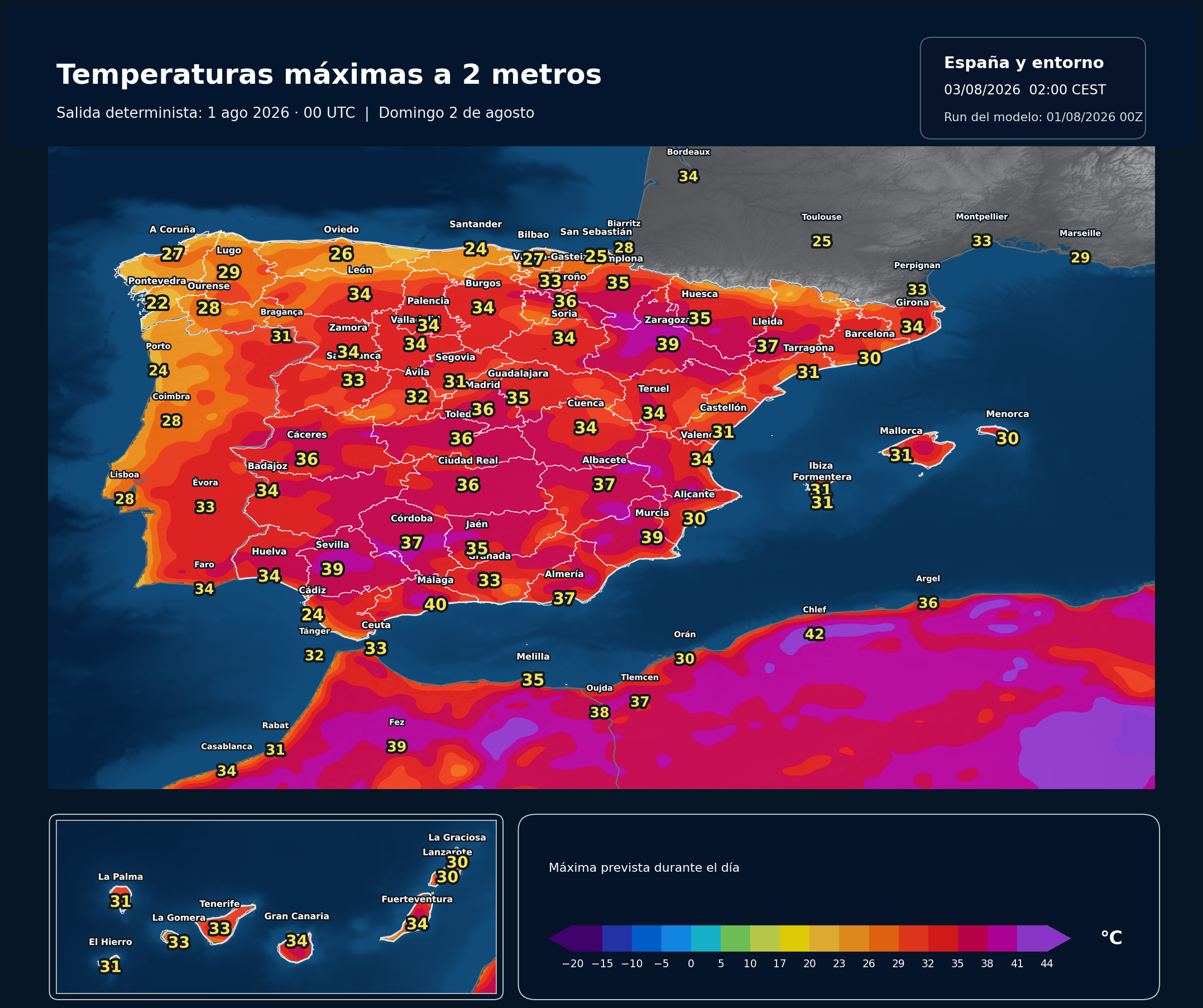Temperaturas máximas previstas en España para el domingo 2 de agosto de 2026