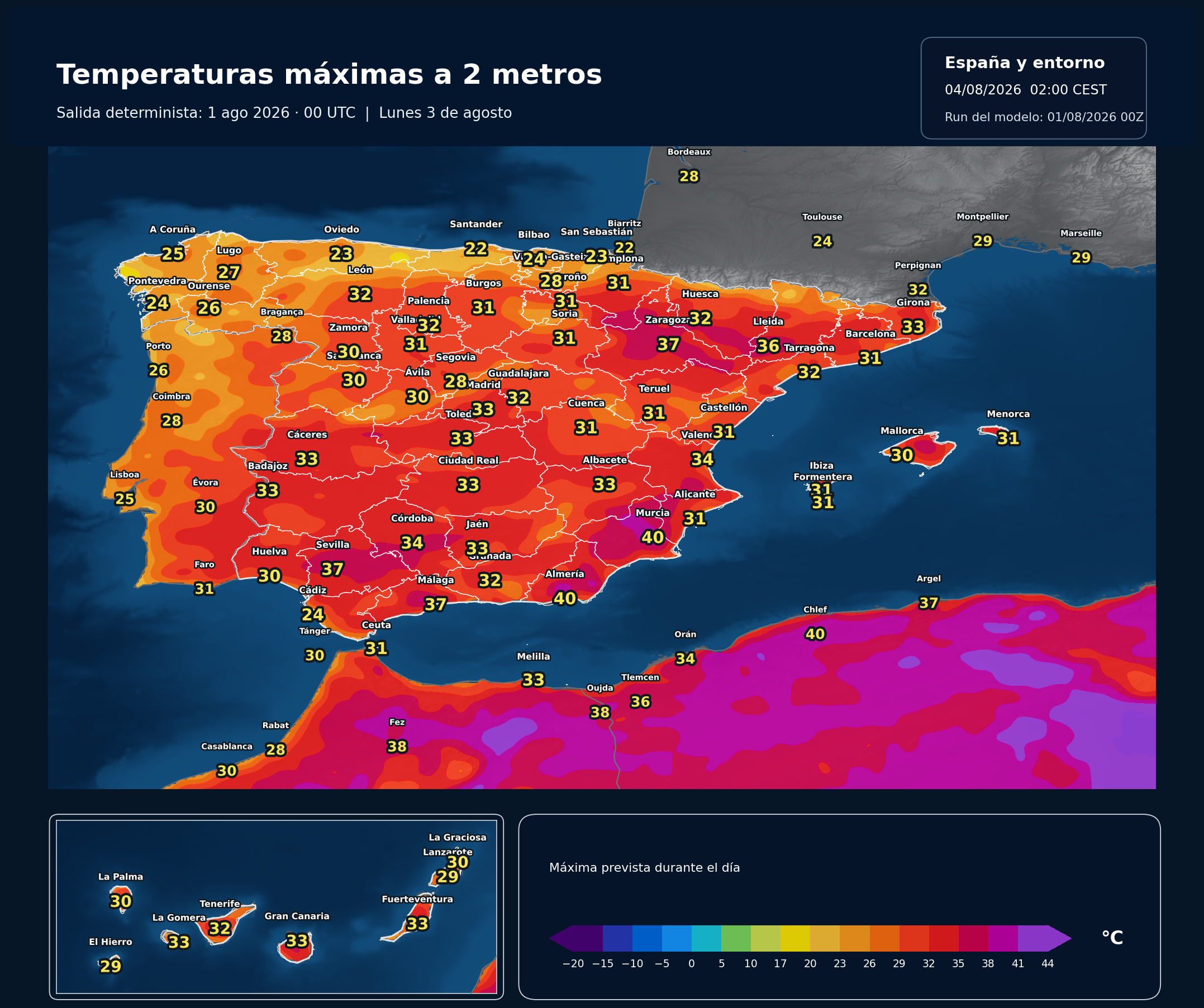 Temperaturas máximas previstas en España para el lunes 3 de agosto de 2026
