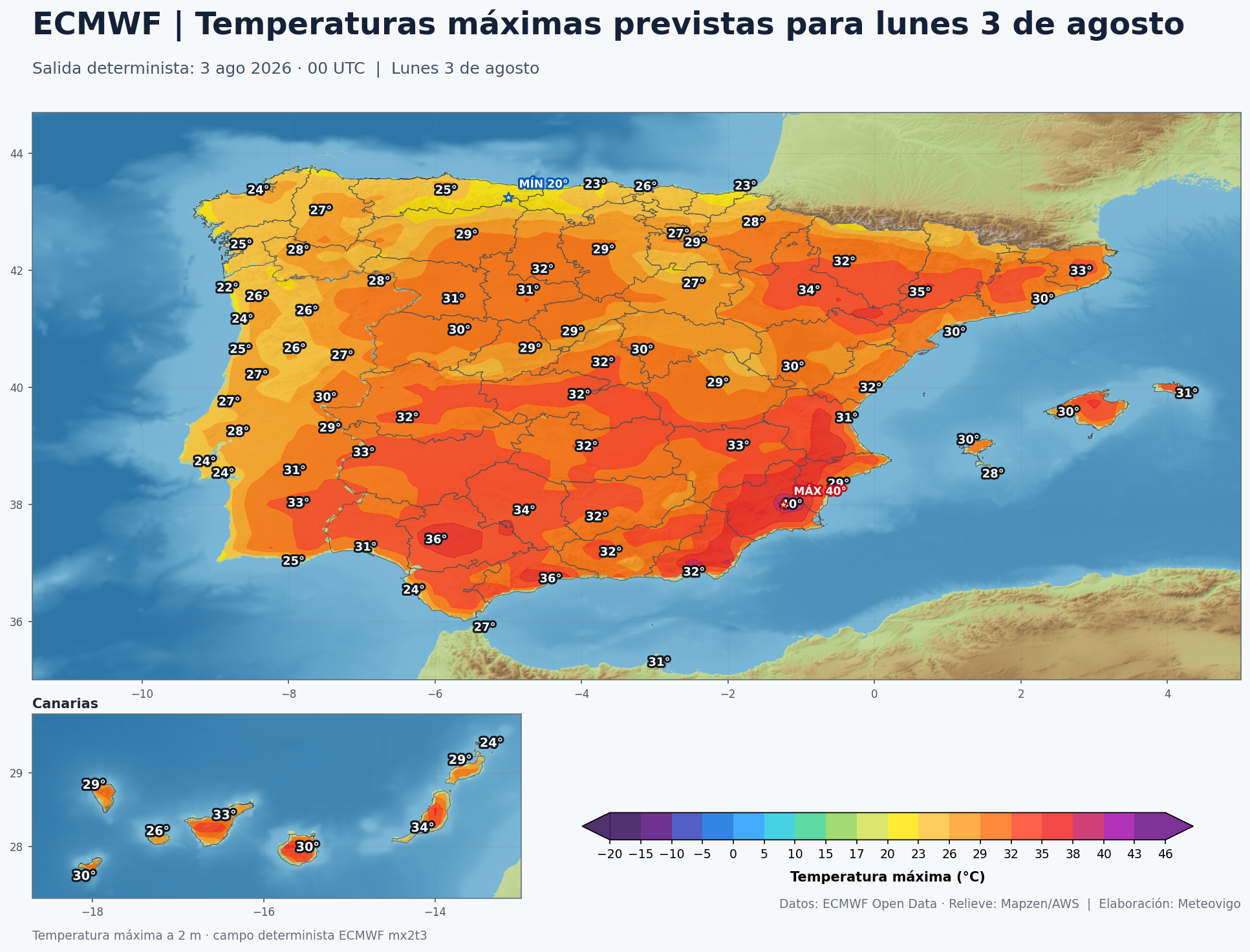 Temperaturas máximas previstas en España para el lunes 3 de agosto de 2026