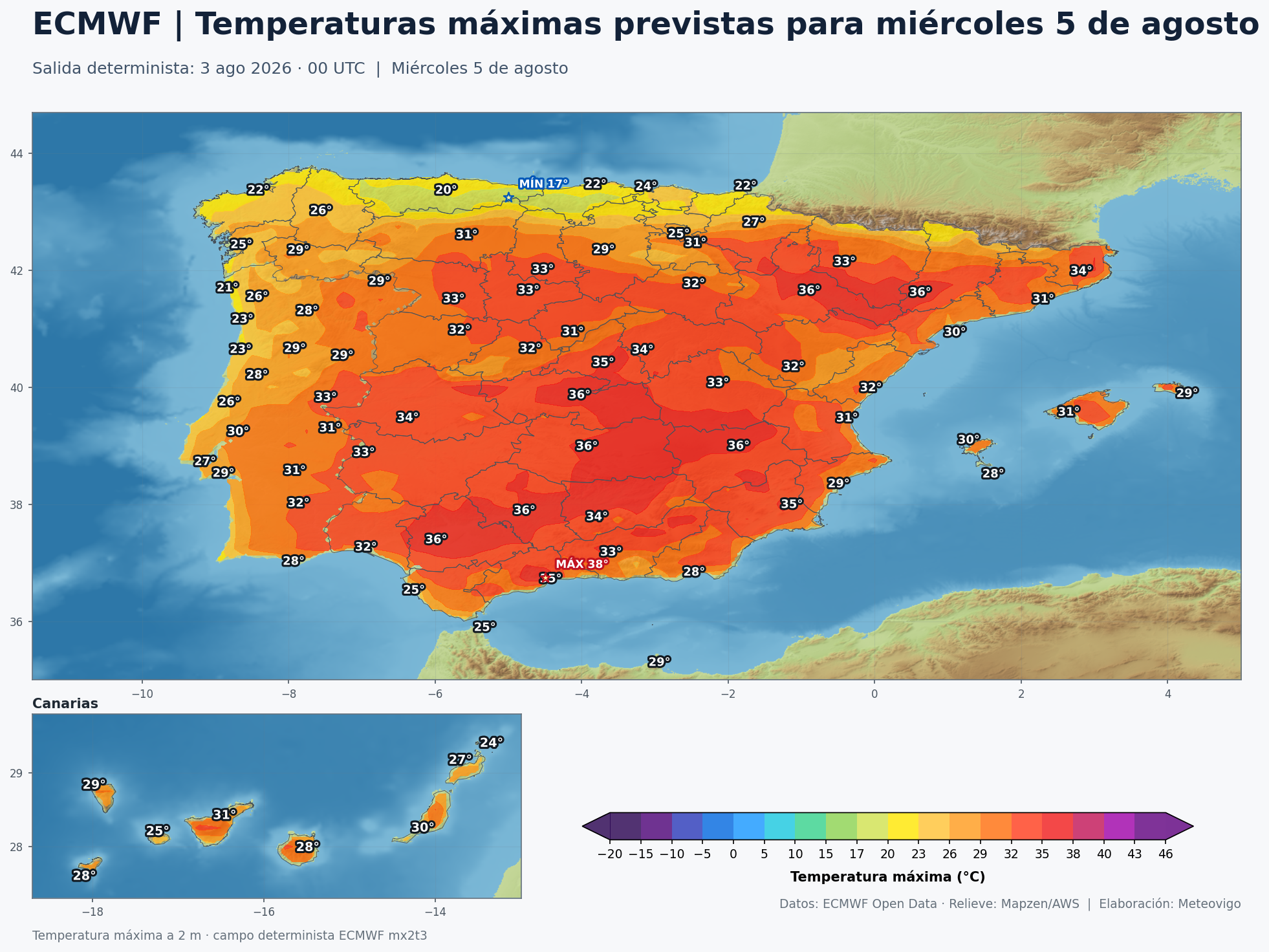 Temperaturas máximas previstas en España para el miércoles 5 de agosto de 2026