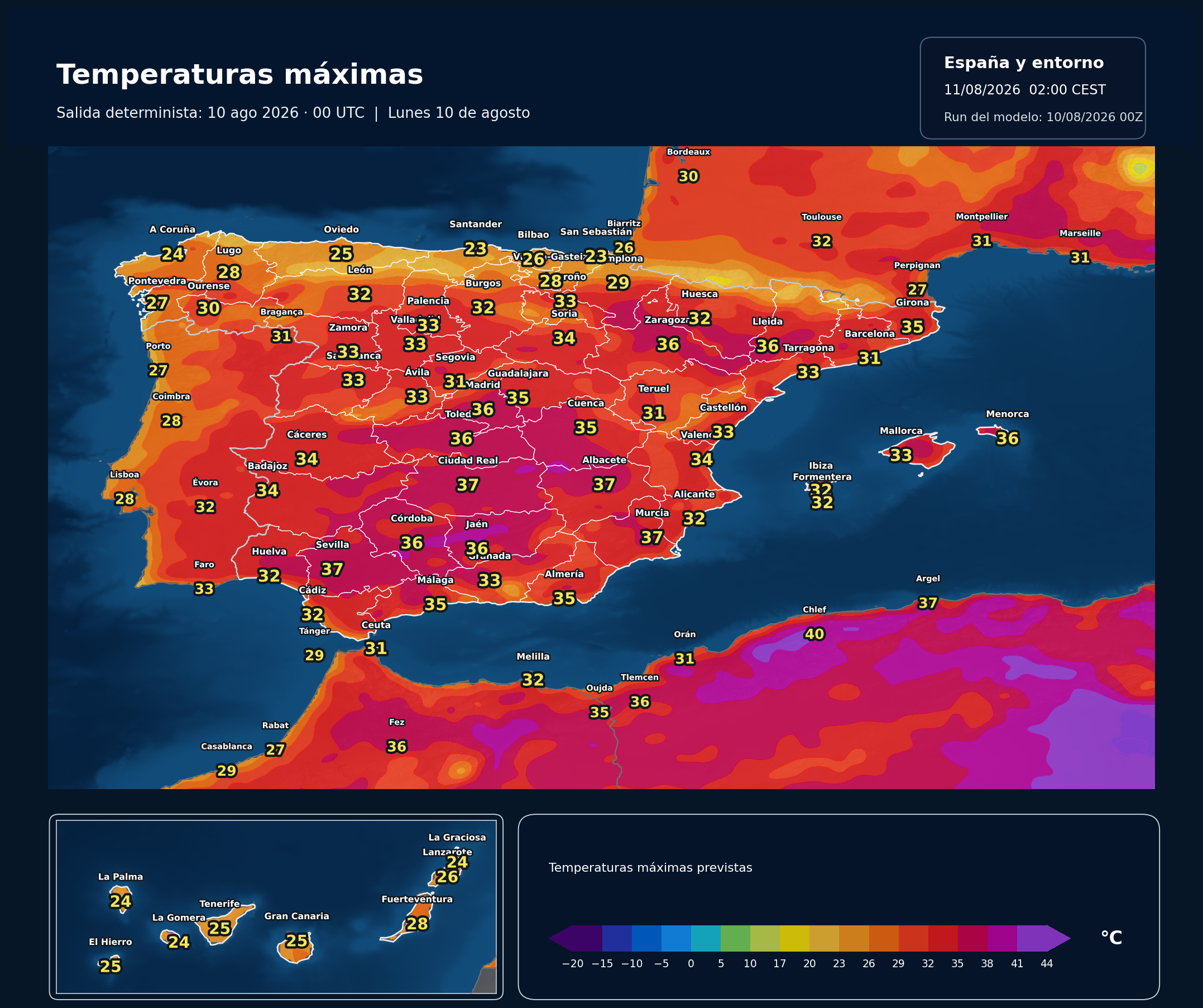 Temperaturas m&aacute;ximas previstas en Espa&ntilde;a para el lunes 10 de agosto seg&uacute;n el modelo europeo
