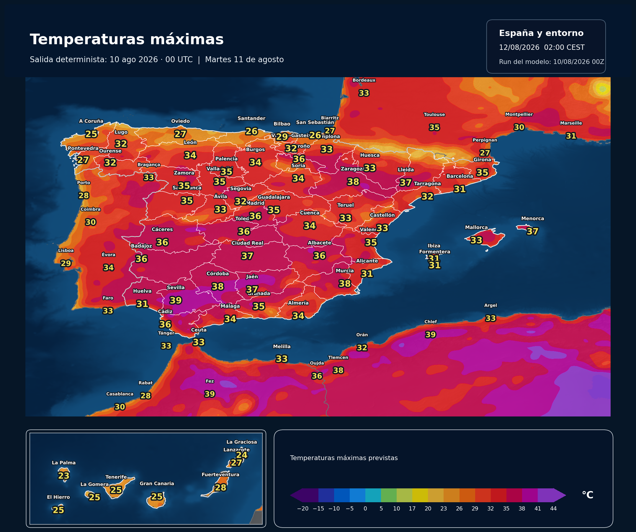 Temperaturas m&aacute;ximas previstas en Espa&ntilde;a para el martes 11 de agosto seg&uacute;n el modelo europeo