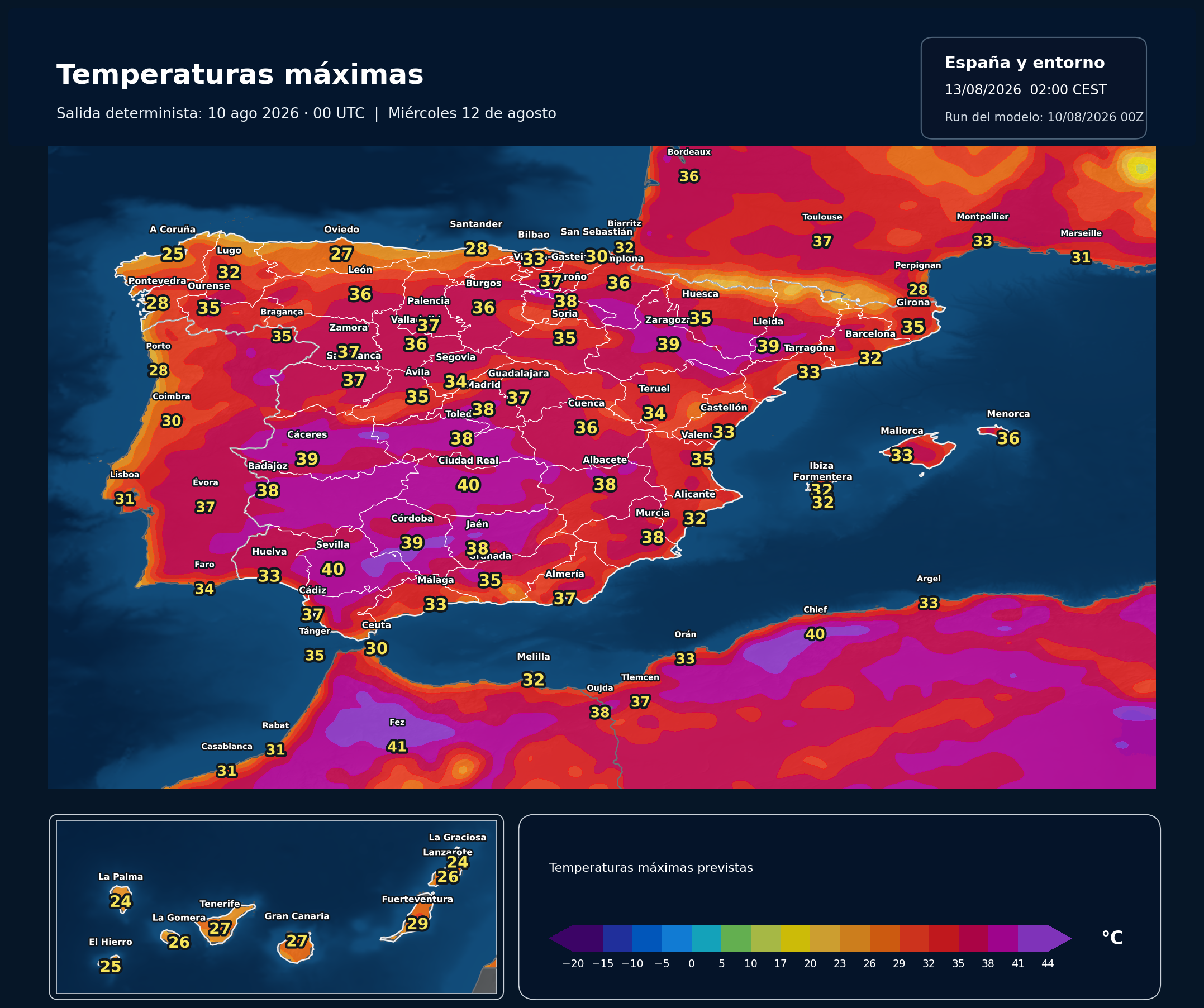 Temperaturas m&aacute;ximas previstas en Espa&ntilde;a para el mi&eacute;rcoles 12 de agosto seg&uacute;n el modelo europeo