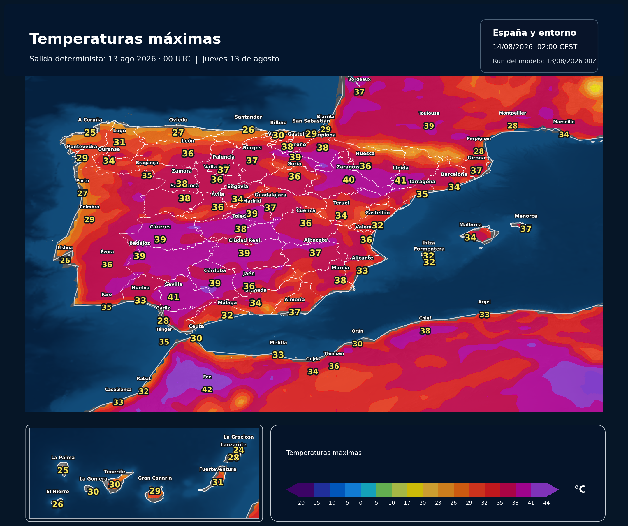 Temperaturas máximas previstas en España para el jueves 13 de agosto