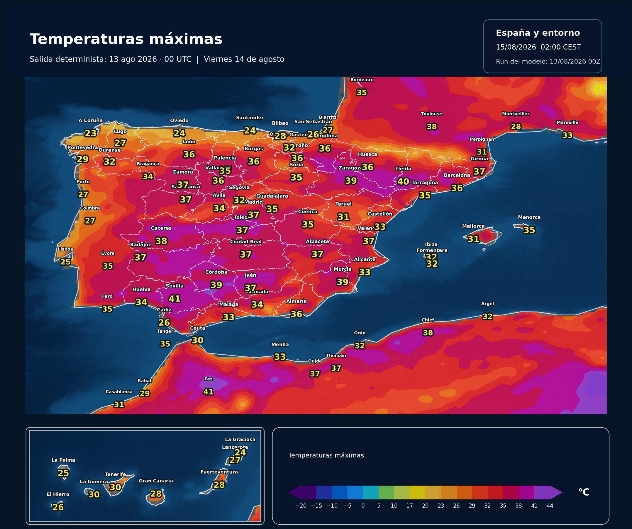Temperaturas máximas previstas en España para el viernes 14 de agosto