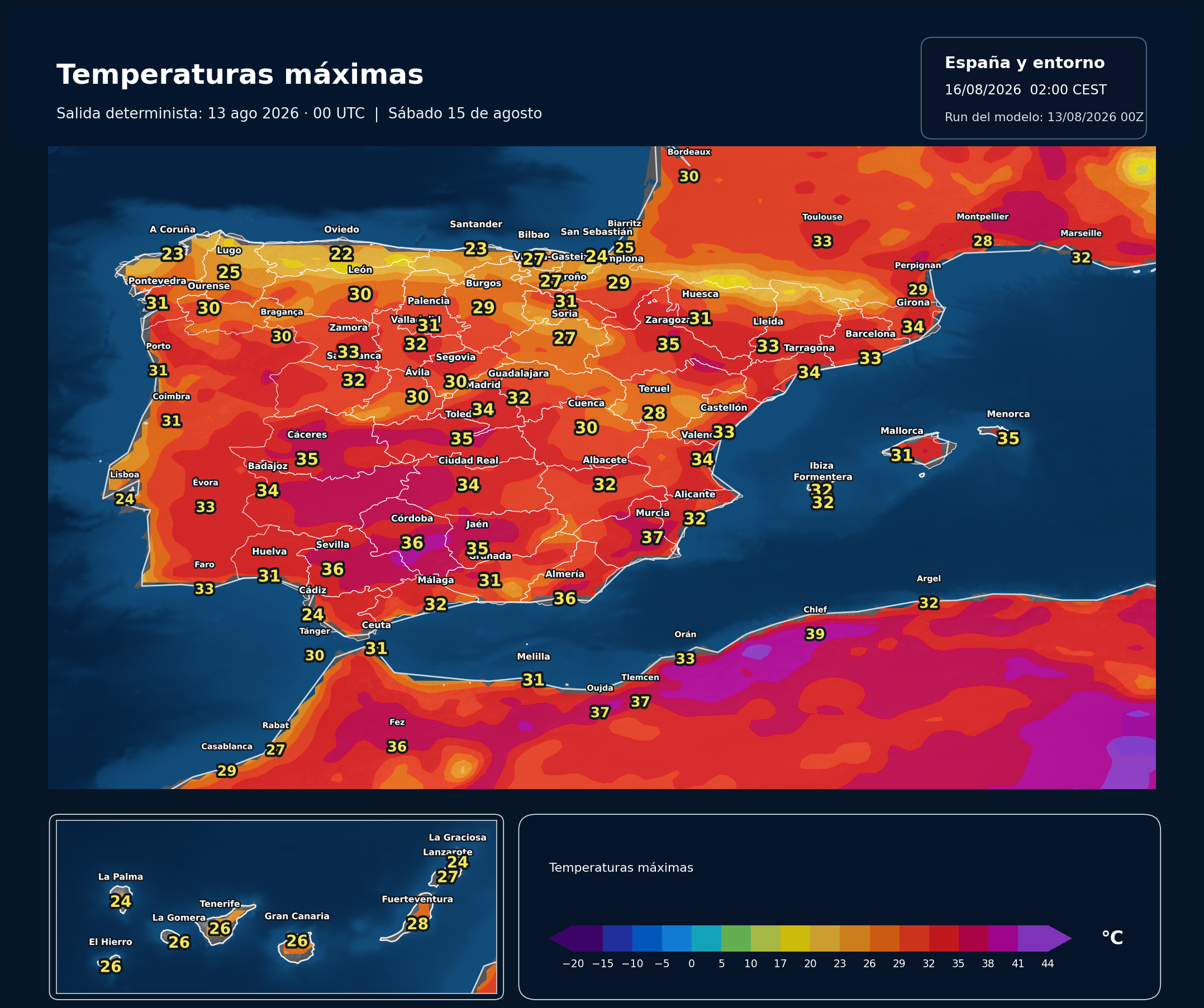 Temperaturas máximas previstas en España para el sábado 15 de agosto