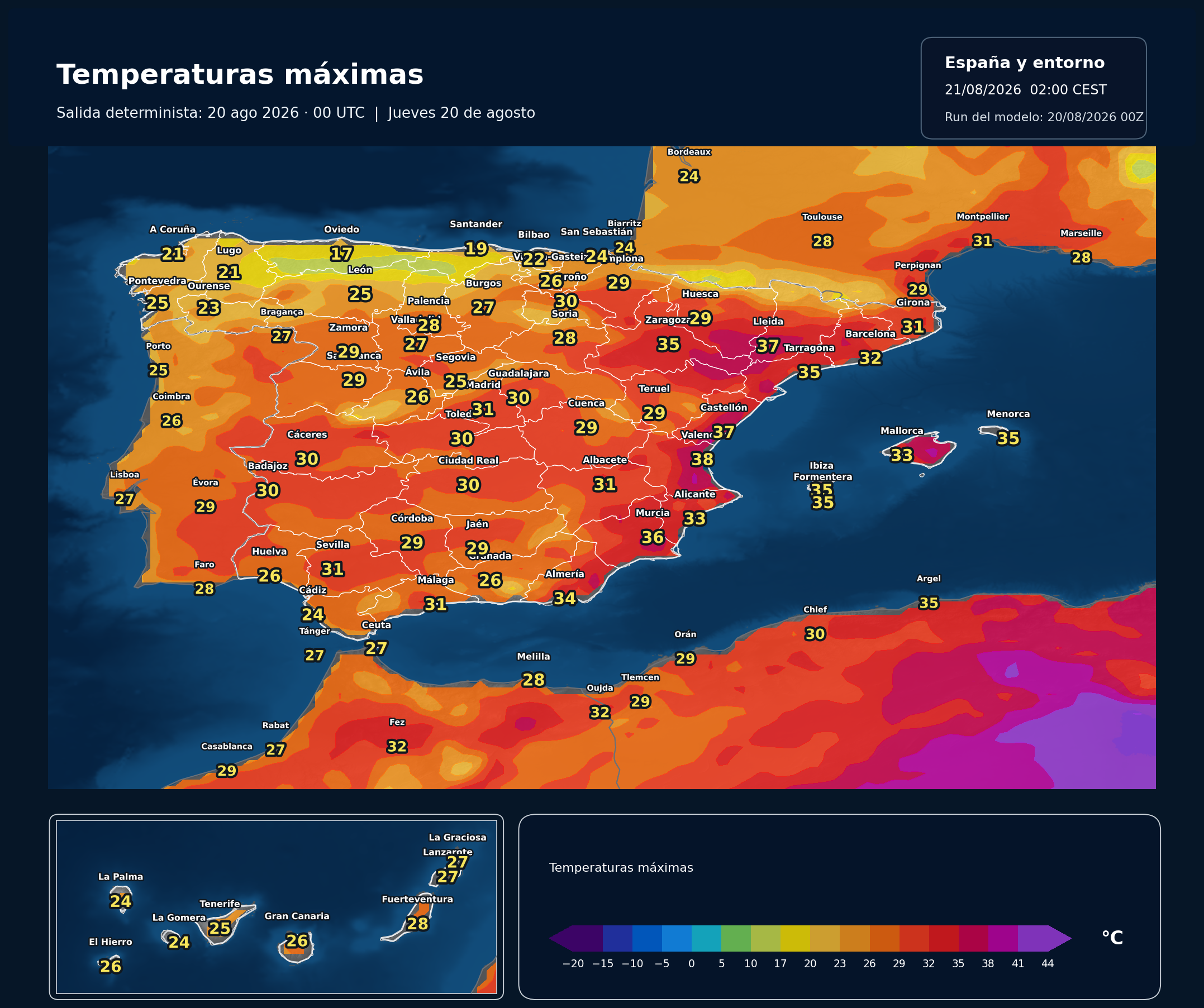 Temperaturas m&aacute;ximas previstas en Espa&ntilde;a para el jueves 20 de agosto de 2026 seg&uacute;n el modelo europeo