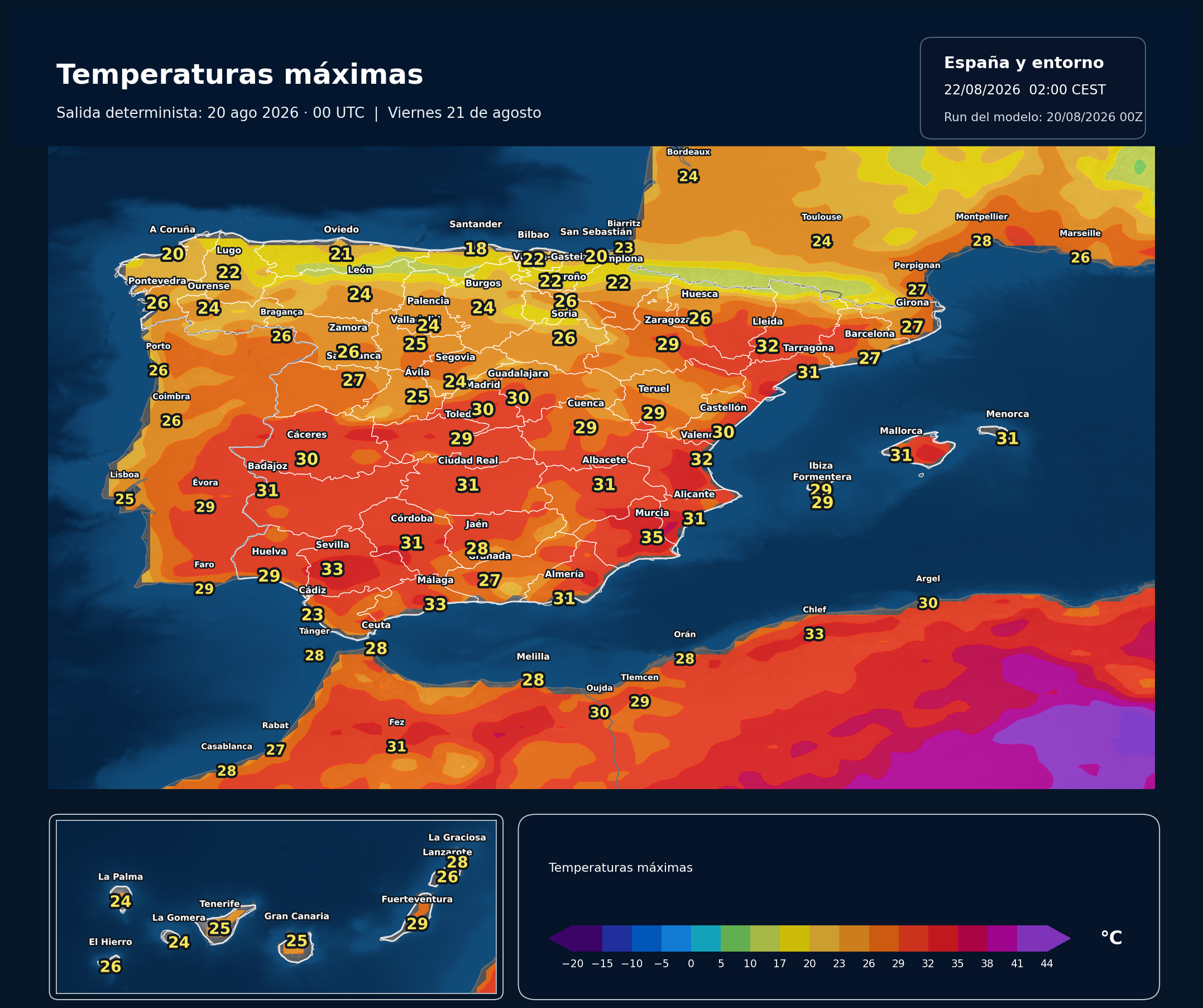Temperaturas m&aacute;ximas previstas en Espa&ntilde;a para el viernes 21 de agosto de 2026 seg&uacute;n el modelo europeo