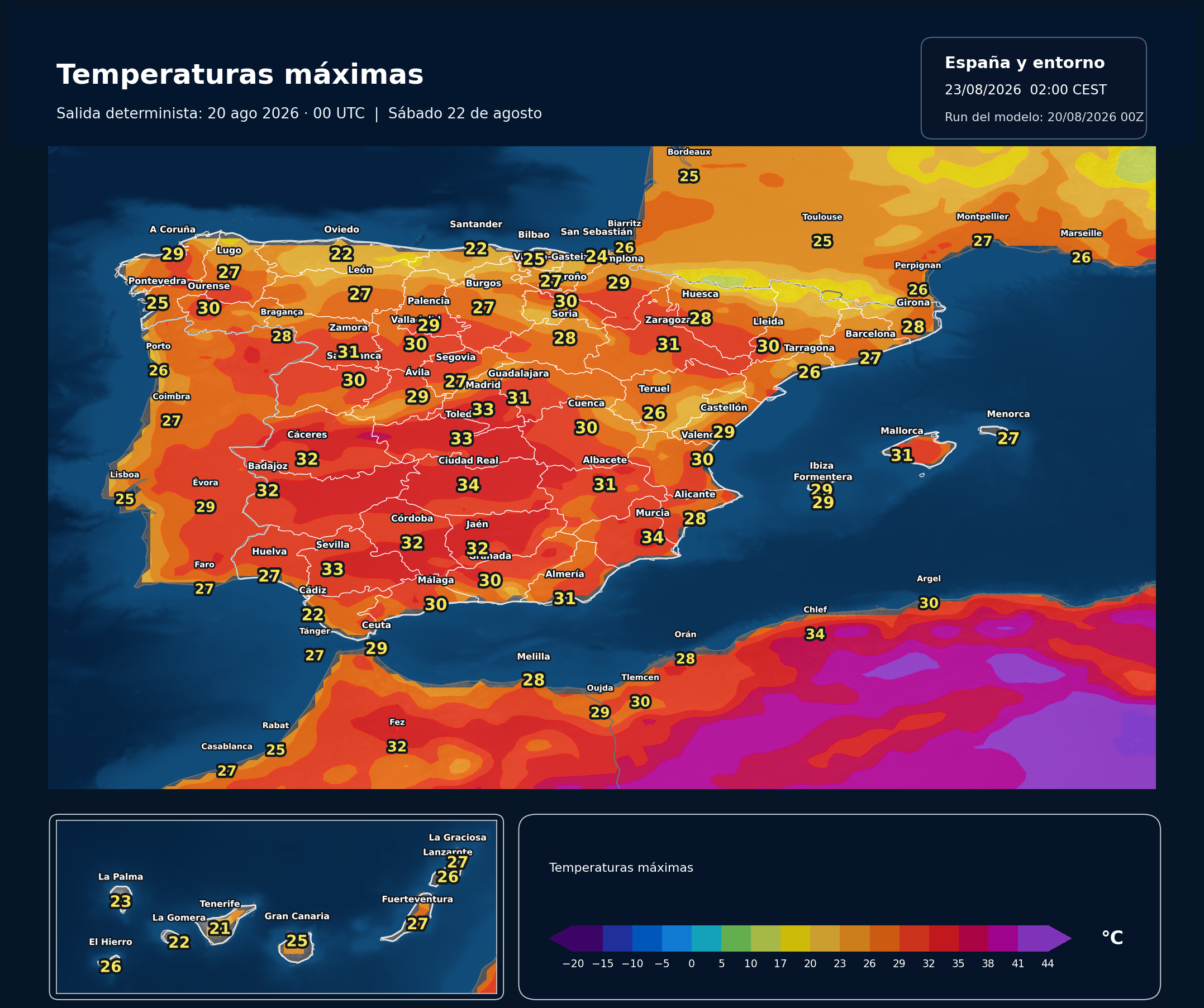 Temperaturas m&aacute;ximas previstas en Espa&ntilde;a para el s&aacute;bado 22 de agosto de 2026 seg&uacute;n el modelo europeo