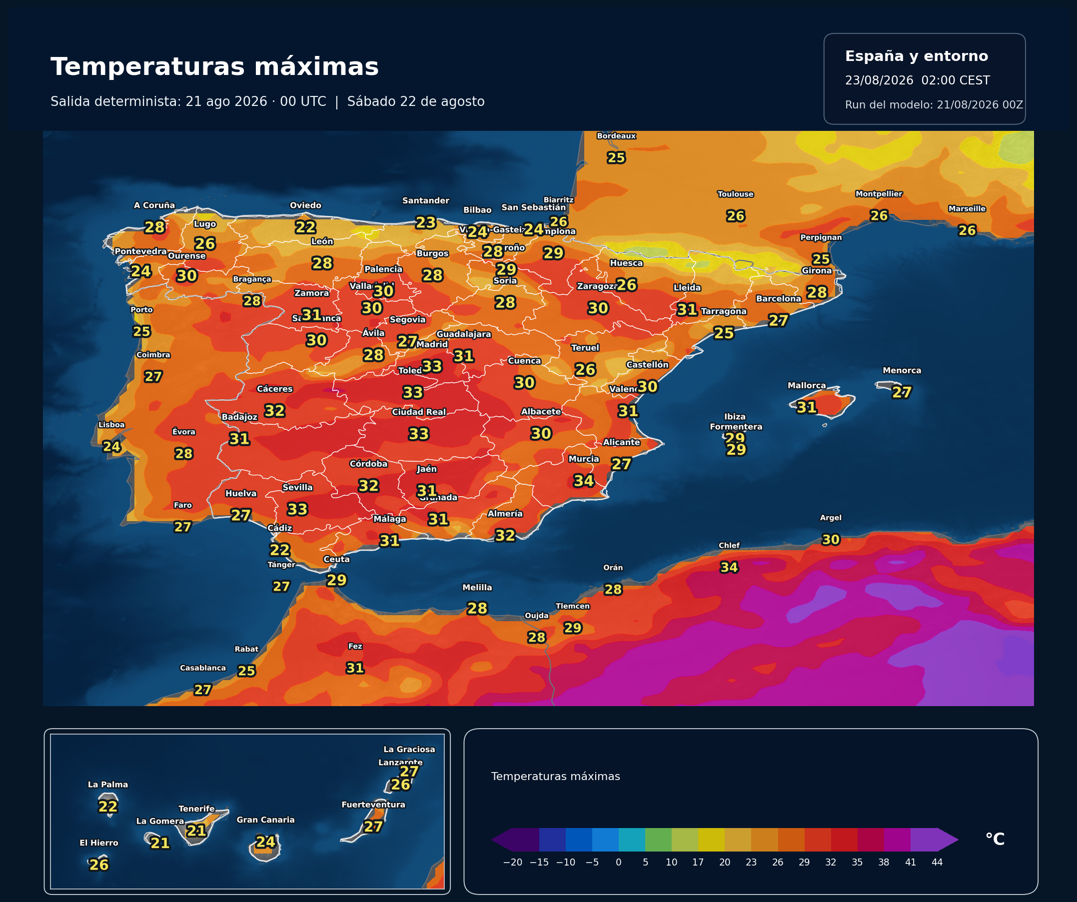 Temperaturas máximas previstas en España para el sábado 22 de agosto de 2026 según el modelo europeo