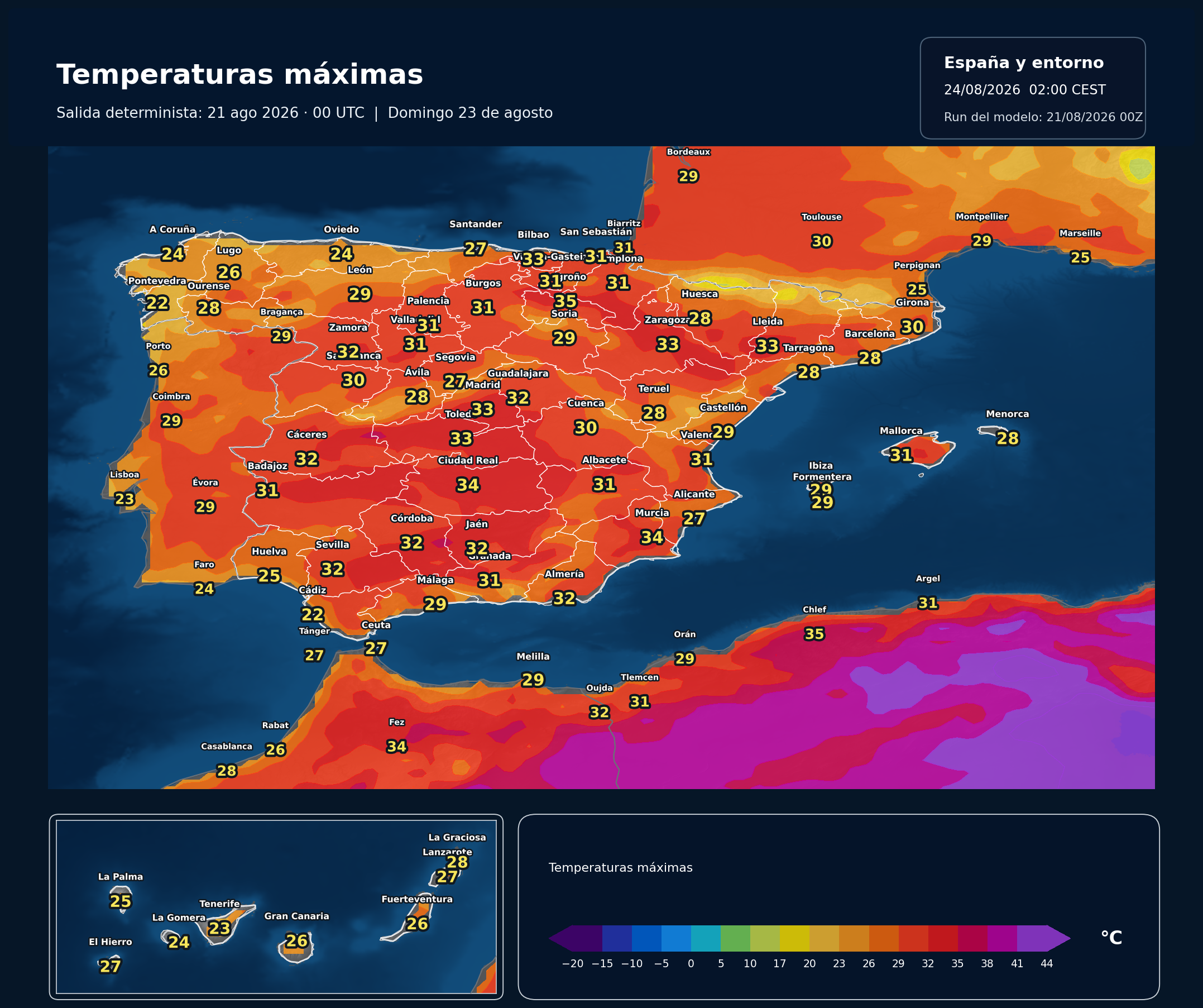 Temperaturas máximas previstas en España para el domingo 23 de agosto de 2026 según el modelo europeo