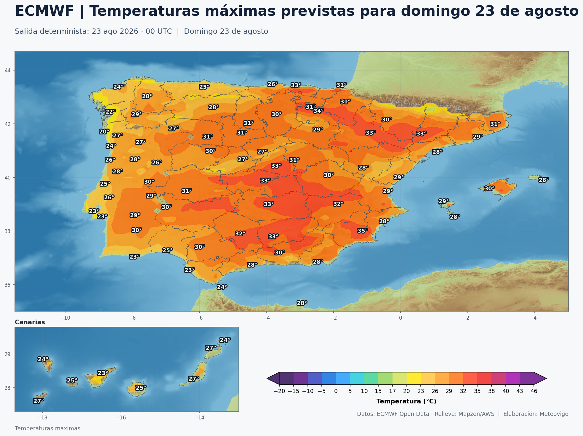 Temperaturas m&aacute;ximas previstas en Espa&ntilde;a para el domingo 23 de agosto de 2026 seg&uacute;n el modelo europeo
