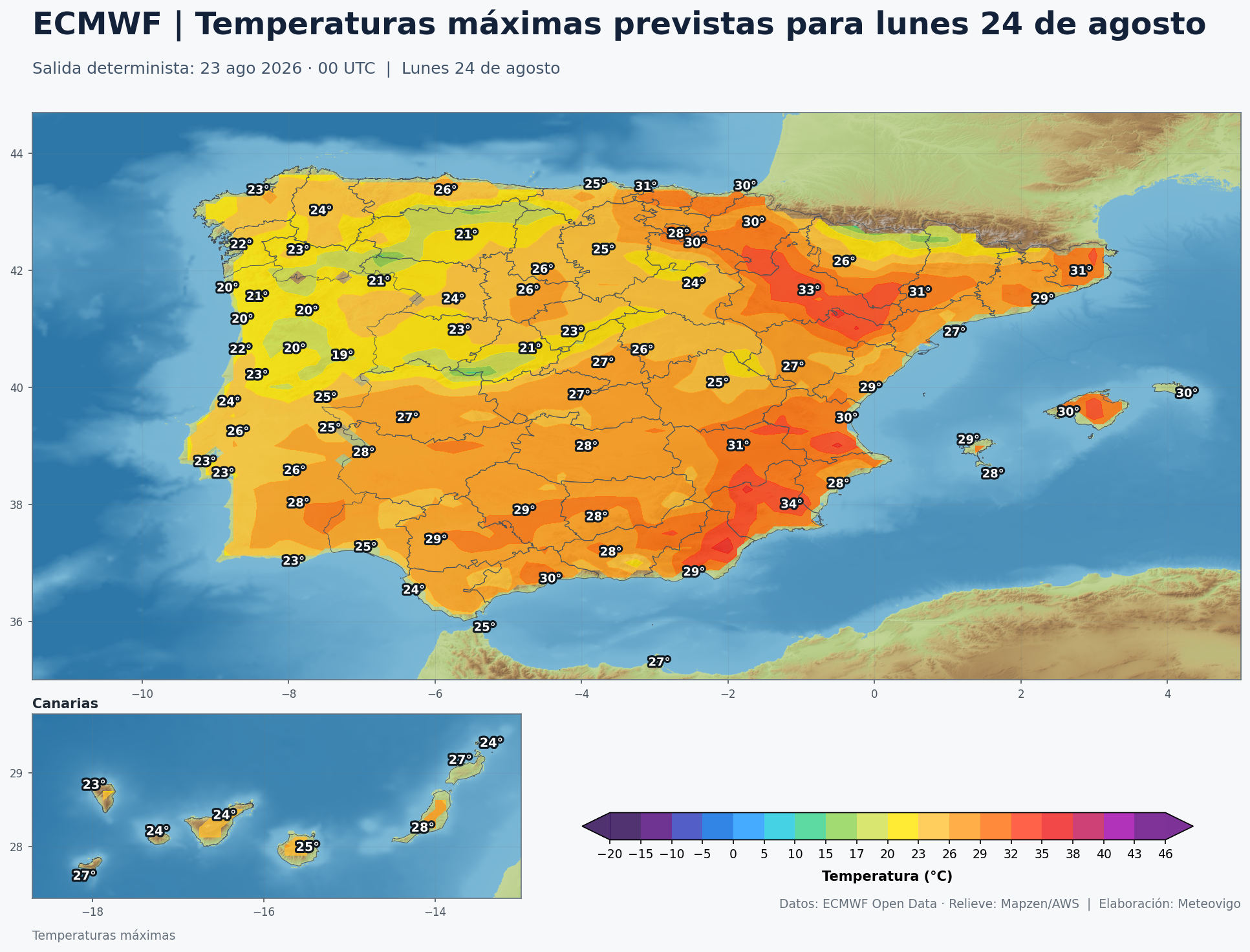 Temperaturas m&aacute;ximas previstas en Espa&ntilde;a para el lunes 24 de agosto de 2026 seg&uacute;n el modelo europeo