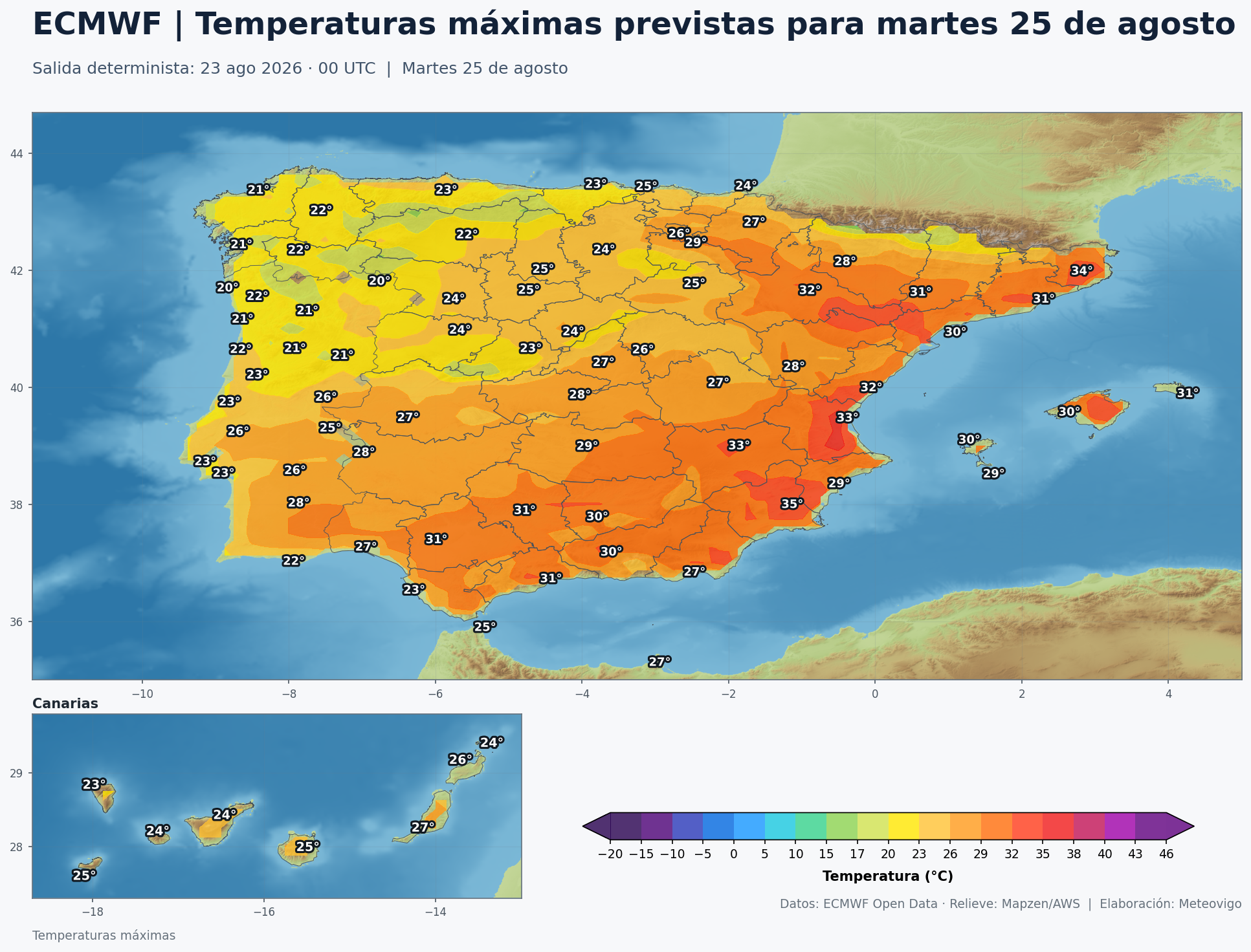 Temperaturas m&aacute;ximas previstas en Espa&ntilde;a para el martes 25 de agosto de 2026 seg&uacute;n el modelo europeo