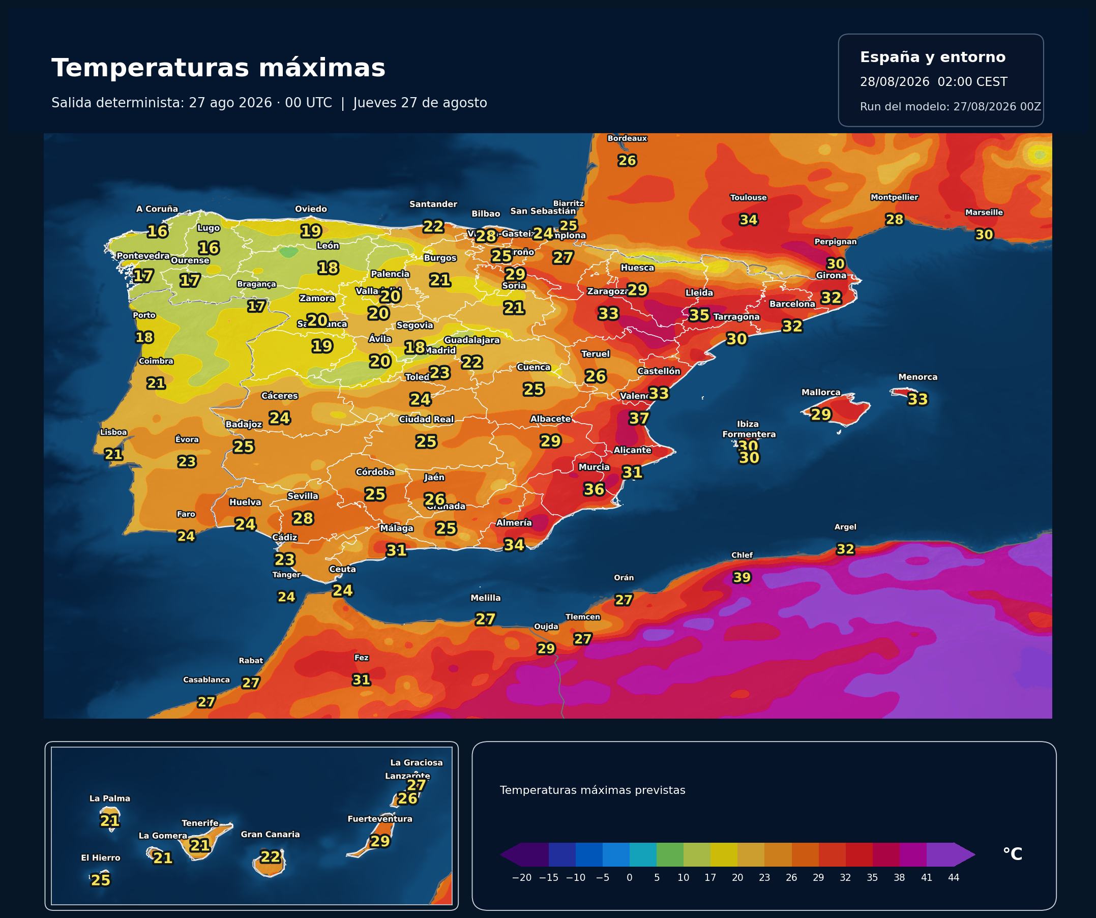 Temperaturas máximas previstas en España para el jueves 27 de agosto según el modelo europeo
