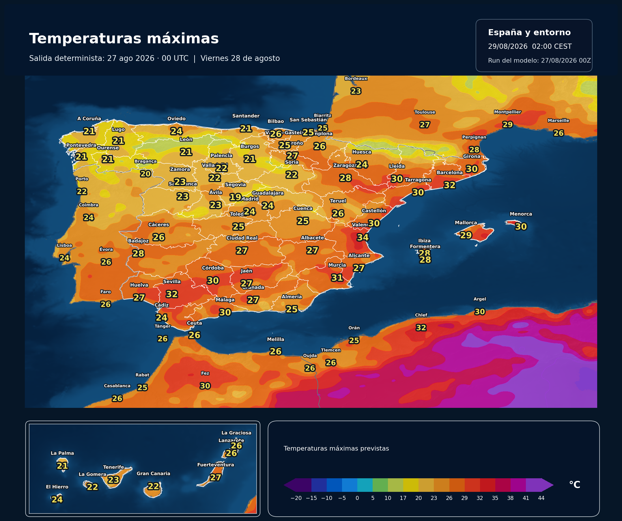 Temperaturas máximas previstas en España para el viernes 28 de agosto según el modelo europeo