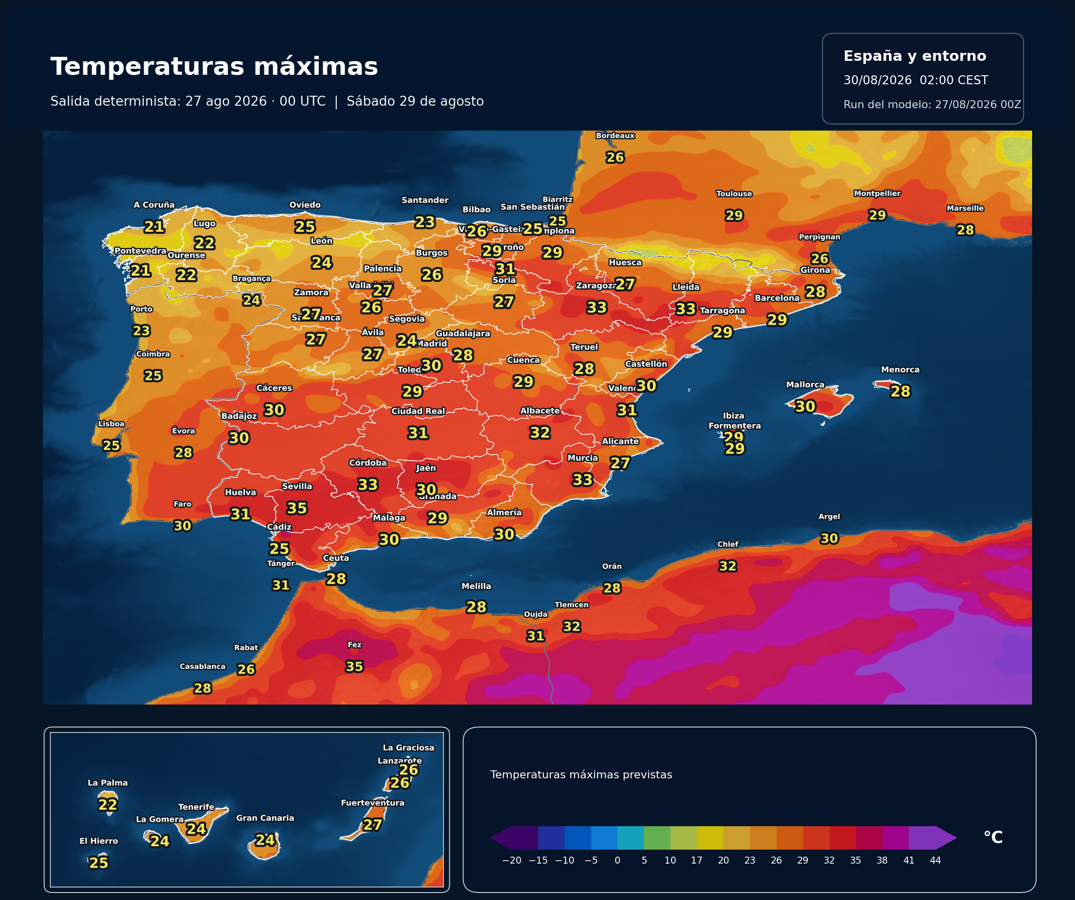 Temperaturas máximas previstas en España para el sábado 29 de agosto según el modelo europeo