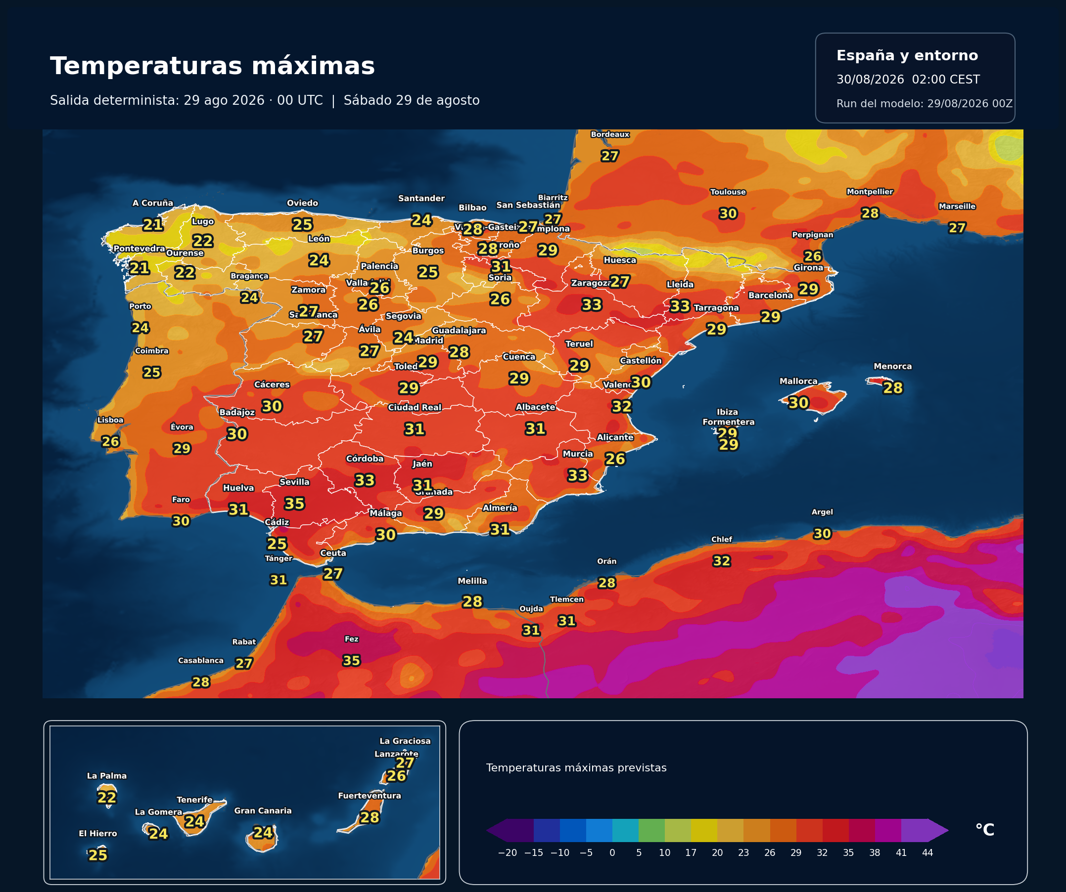 Temperaturas máximas previstas en España para el sábado 29 de agosto según el modelo europeo