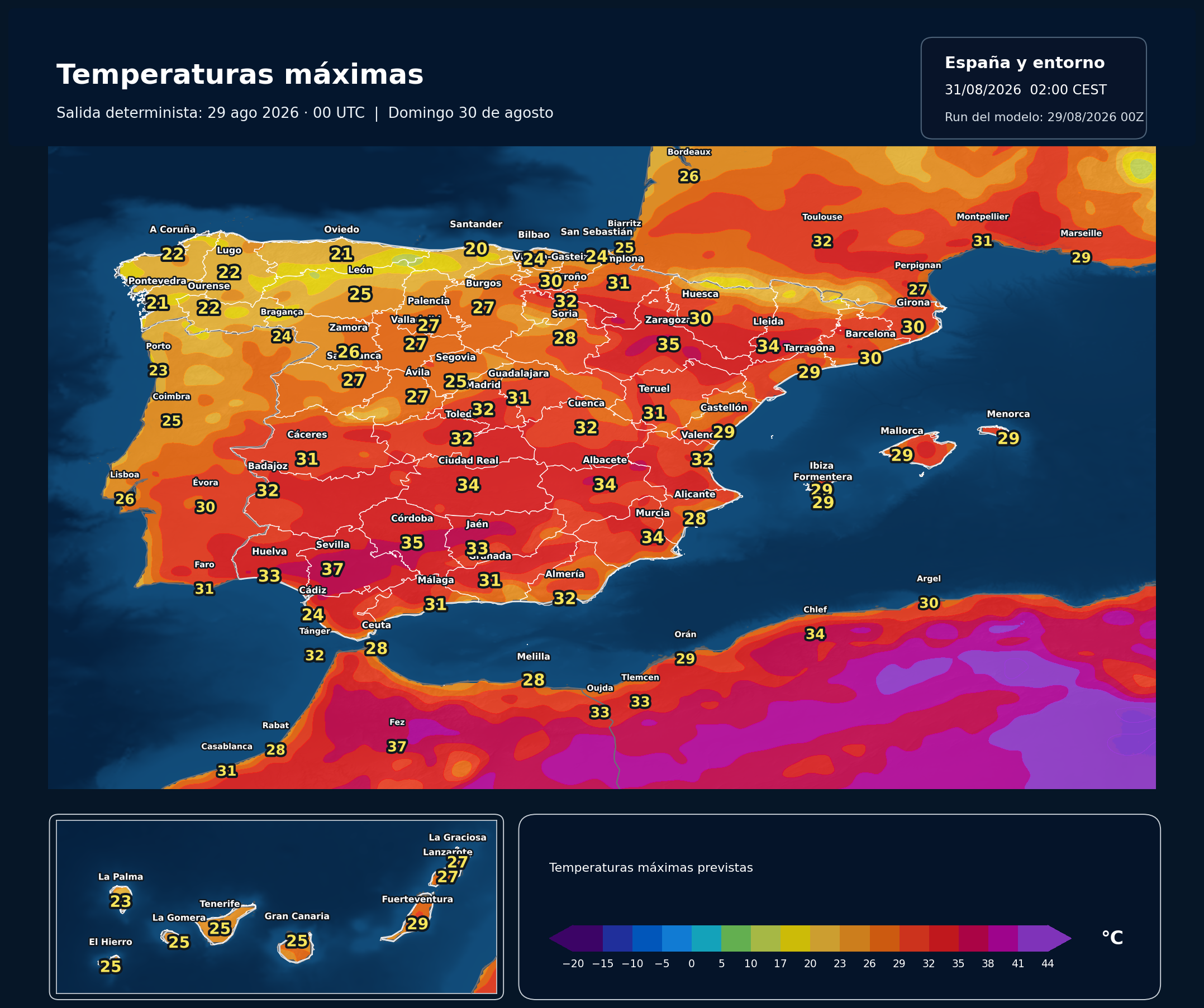 Temperaturas máximas previstas en España para el domingo 30 de agosto según el modelo europeo