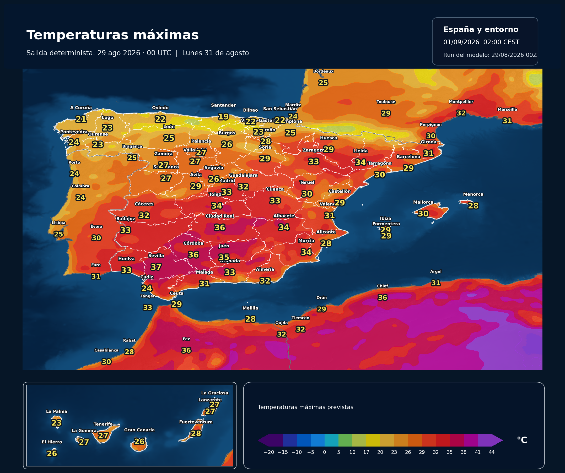 Temperaturas máximas previstas en España para el lunes 31 de agosto según el modelo europeo