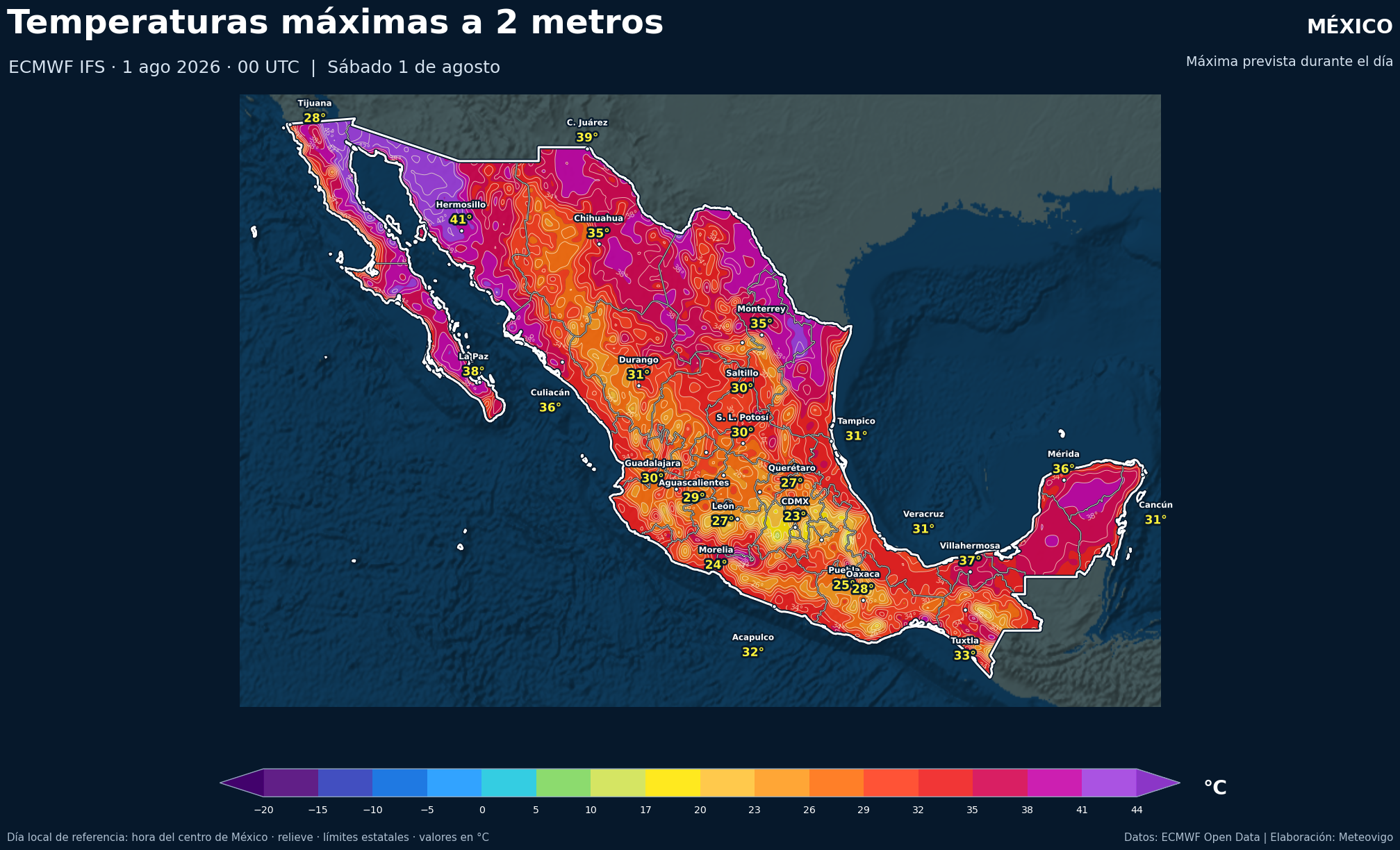 Temperaturas m&aacute;ximas previstas en M&eacute;xico para el s&aacute;bado 1 de agosto de 2026