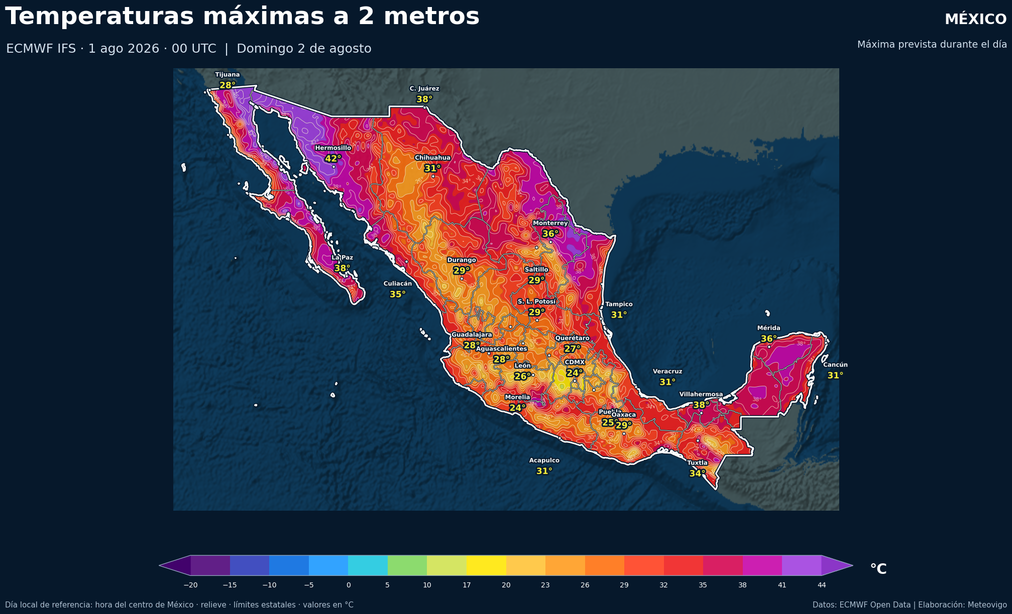 Temperaturas m&aacute;ximas previstas en M&eacute;xico para el domingo 2 de agosto de 2026