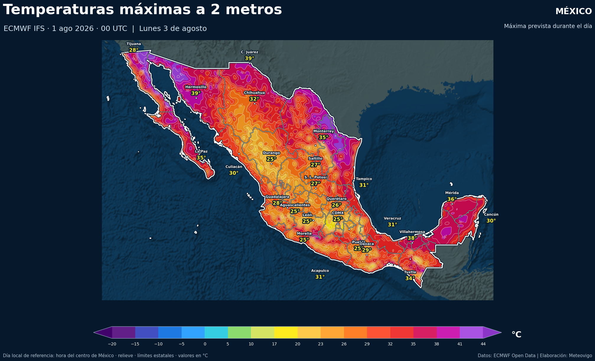 Temperaturas m&aacute;ximas previstas en M&eacute;xico para el lunes 3 de agosto de 2026