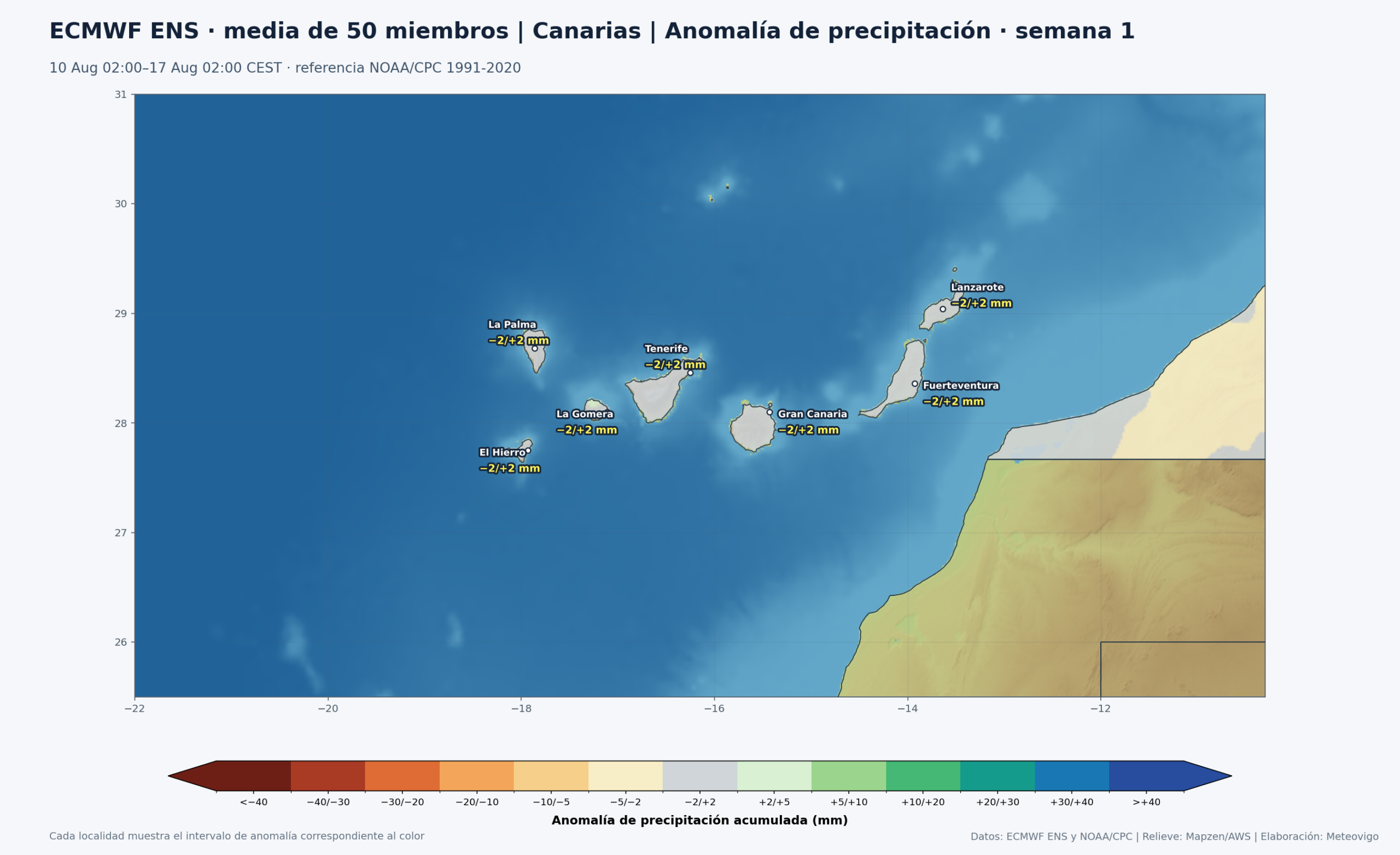 Mapa ECMWF ENS de anomalías de precipitación en Canarias durante la primera semana, del 10 al 17 de agosto de 2026