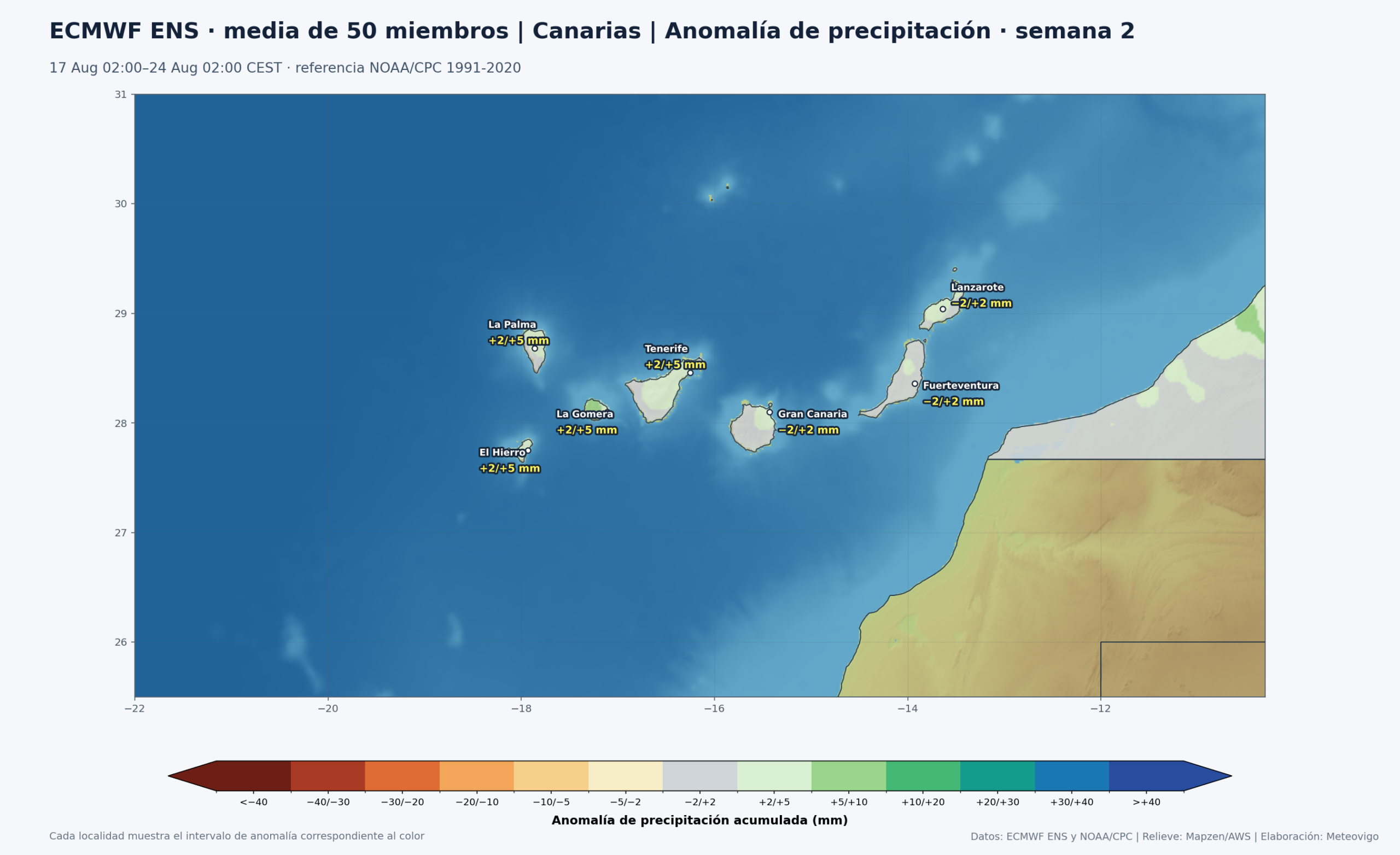 Mapa ECMWF ENS de anomalías de precipitación en Canarias durante la segunda semana, del 17 al 24 de agosto de 2026