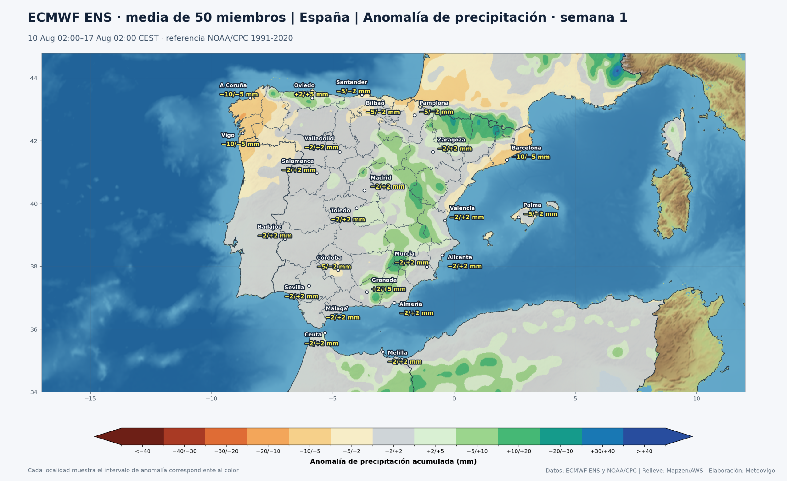 Mapa ECMWF ENS de anomalías de precipitación en España durante la primera semana, del 10 al 17 de agosto de 2026