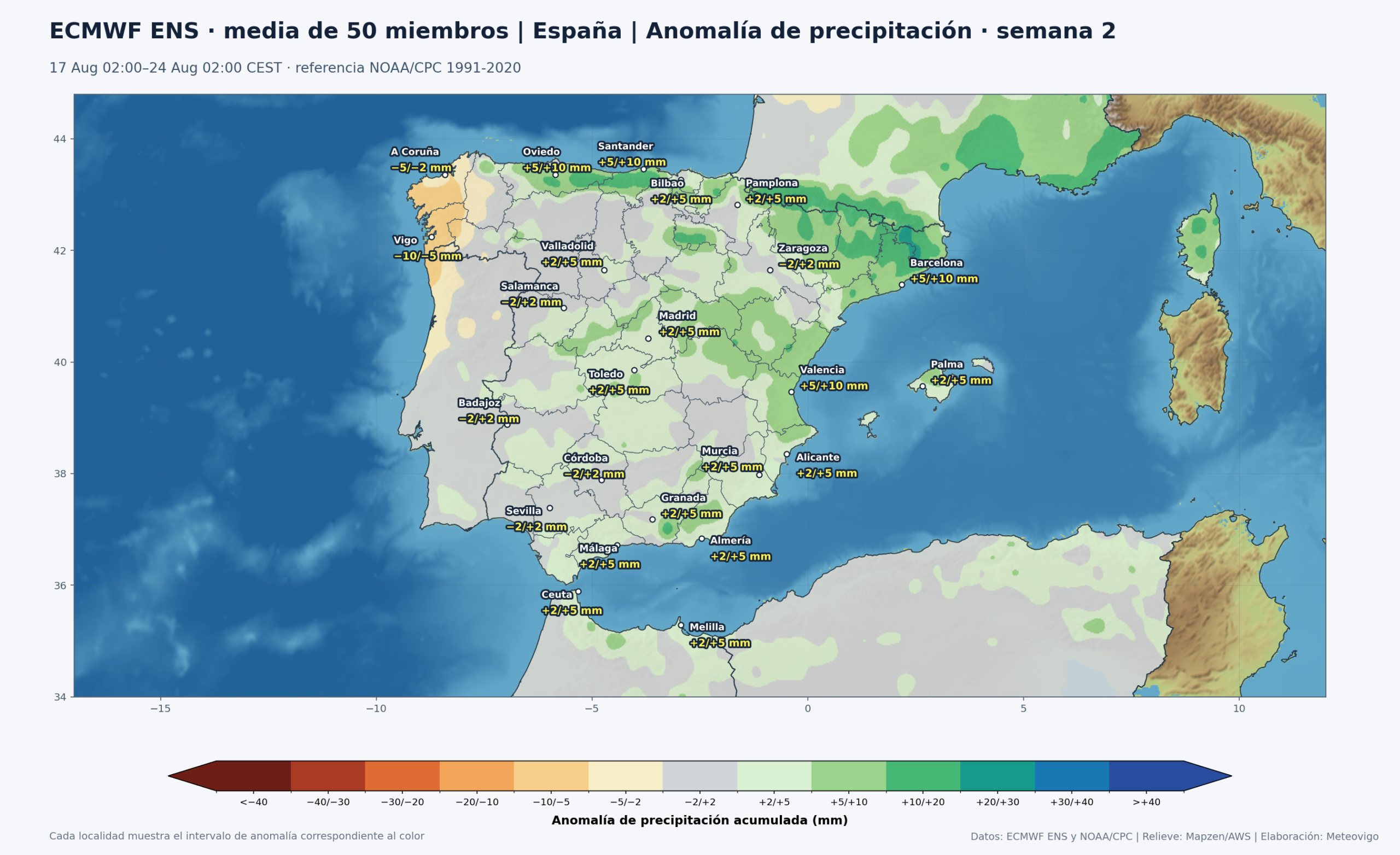Mapa ECMWF ENS de anomalías de precipitación en España durante la segunda semana, del 17 al 24 de agosto de 2026