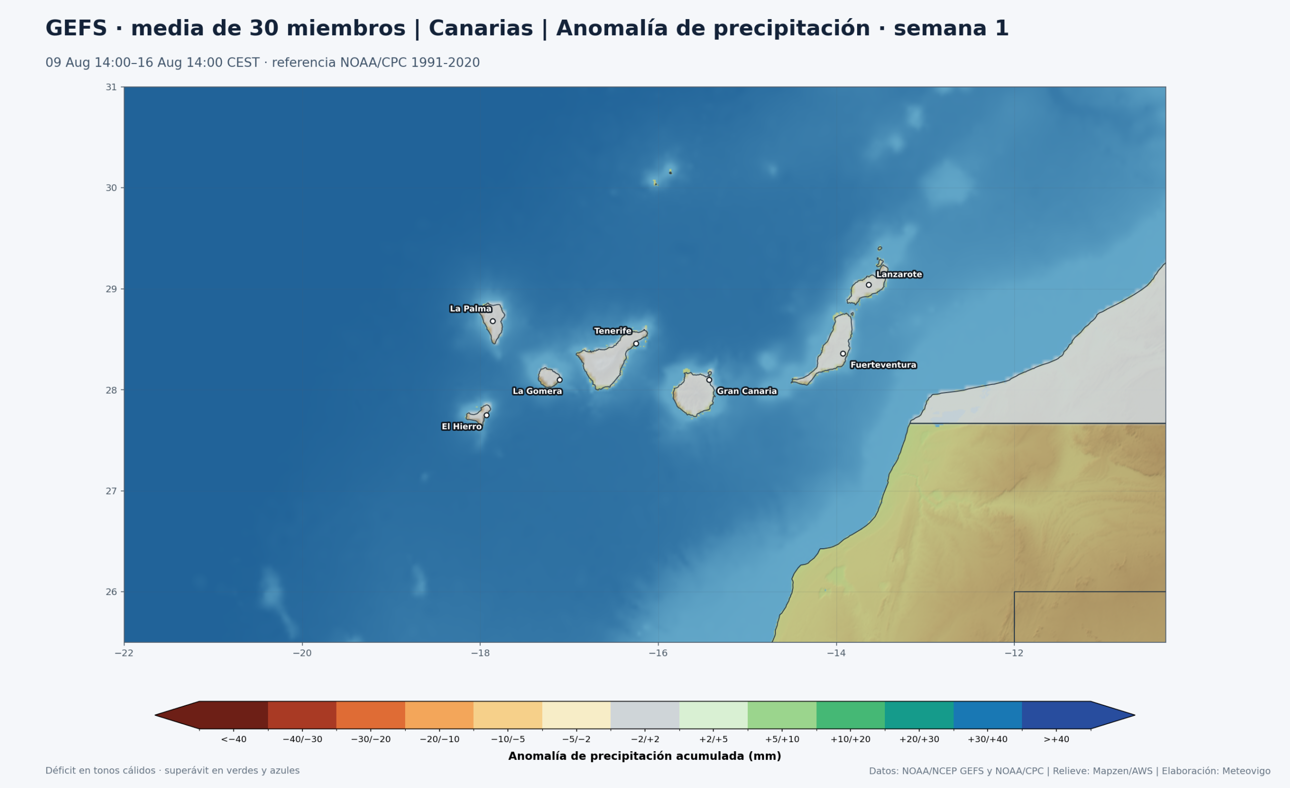 Mapa GEFS de anomalías de precipitación en Canarias durante la primera semana, del 9 al 16 de agosto de 2026