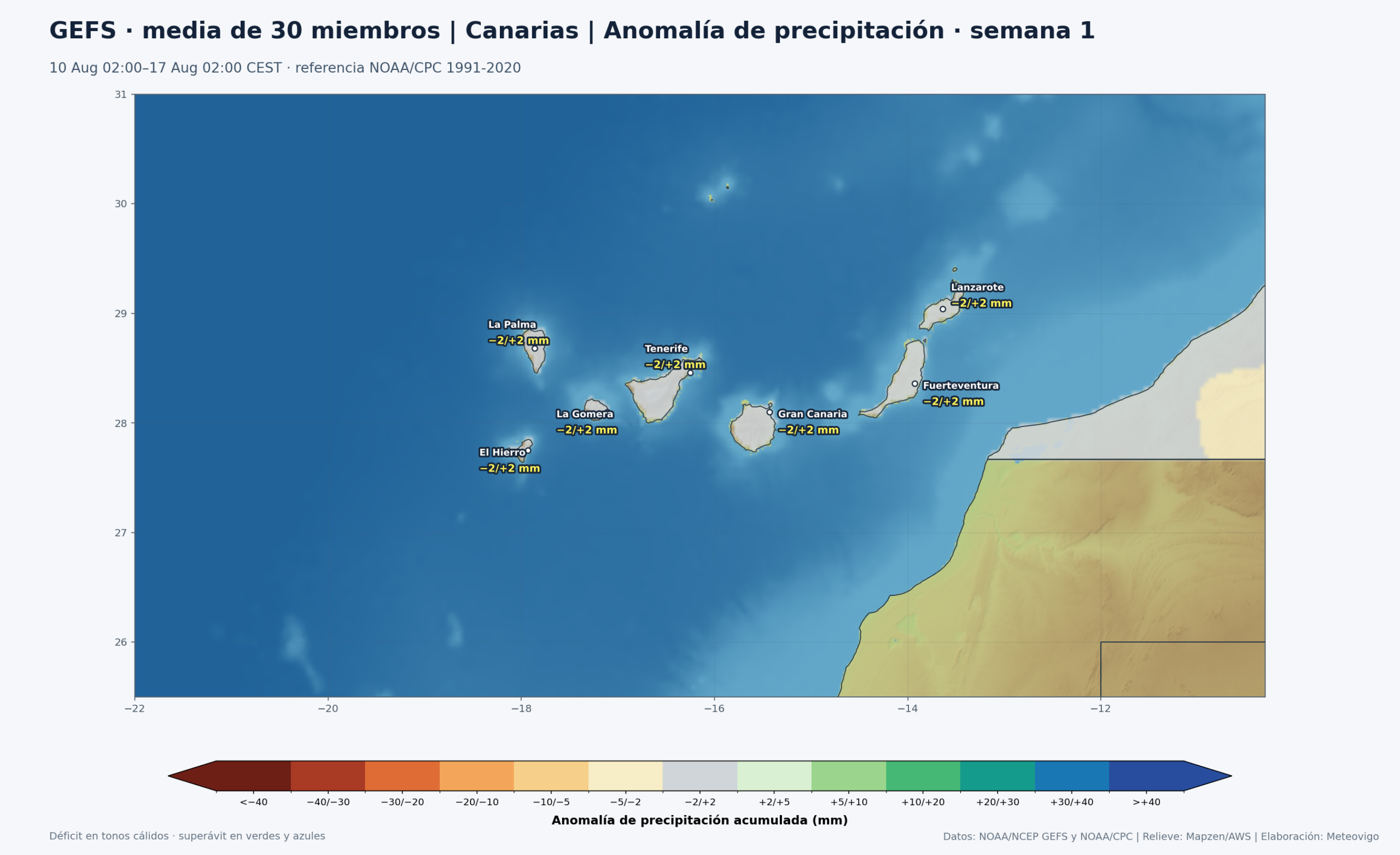 Mapa GEFS de anomalías de precipitación en Canarias durante la primera semana, del 10 al 17 de agosto de 2026