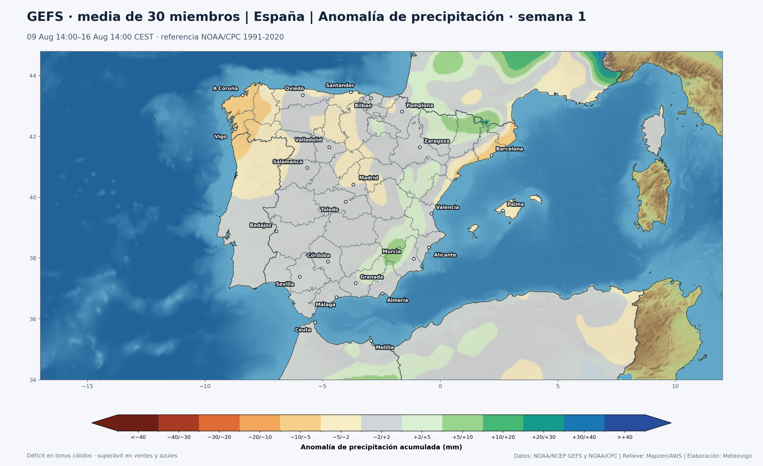 Mapa GEFS de anomalías de precipitación en España durante la primera semana, del 9 al 16 de agosto de 2026