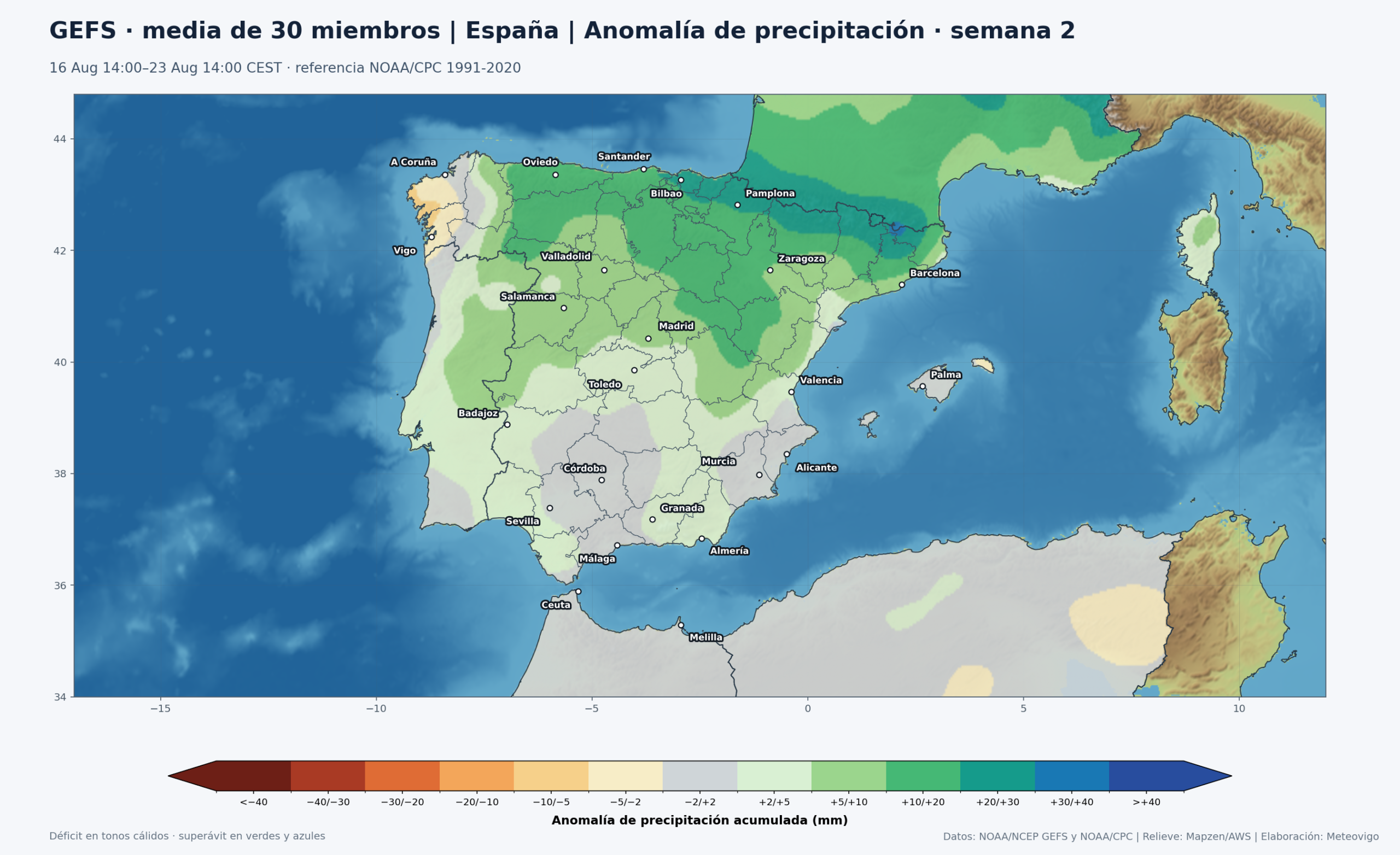 Mapa GEFS de anomalías de precipitación en España durante la segunda semana, del 16 al 23 de agosto de 2026