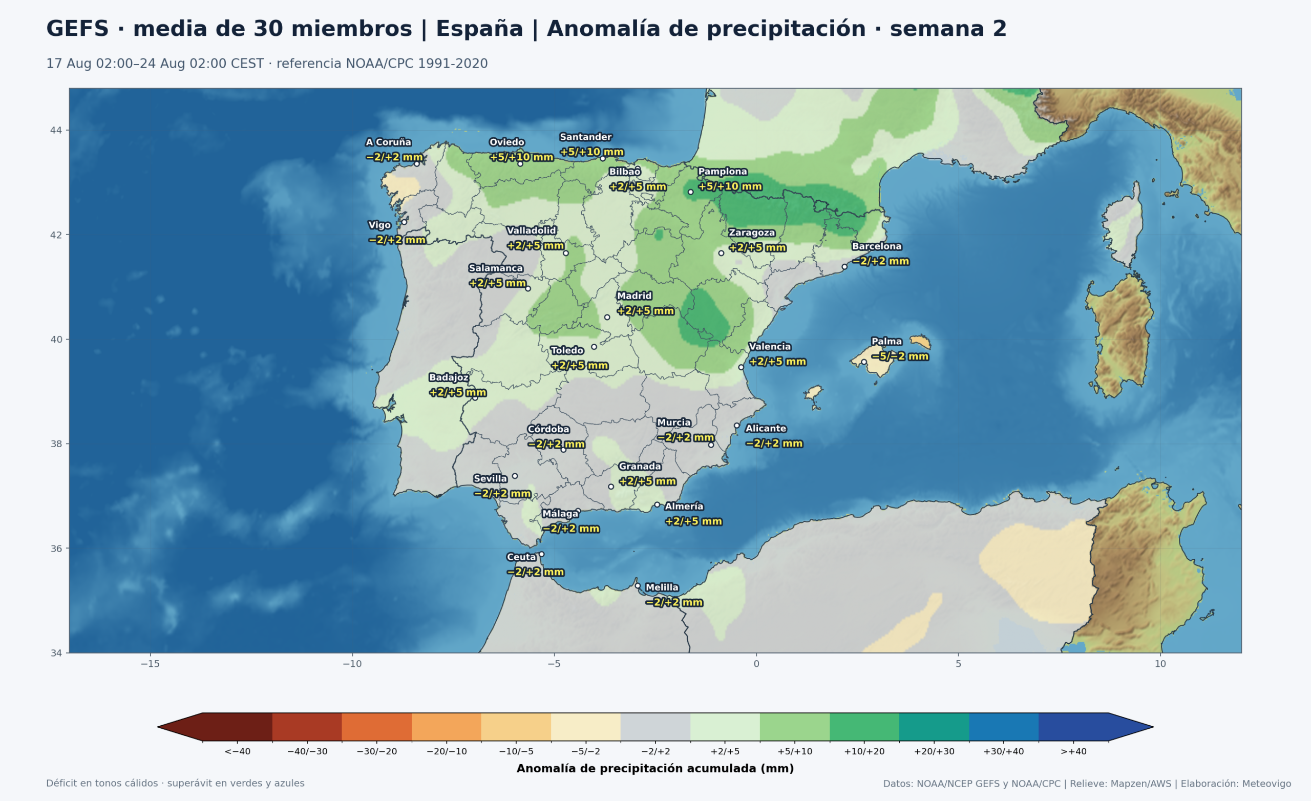 Mapa GEFS de anomalías de precipitación en España durante la segunda semana, del 17 al 24 de agosto de 2026