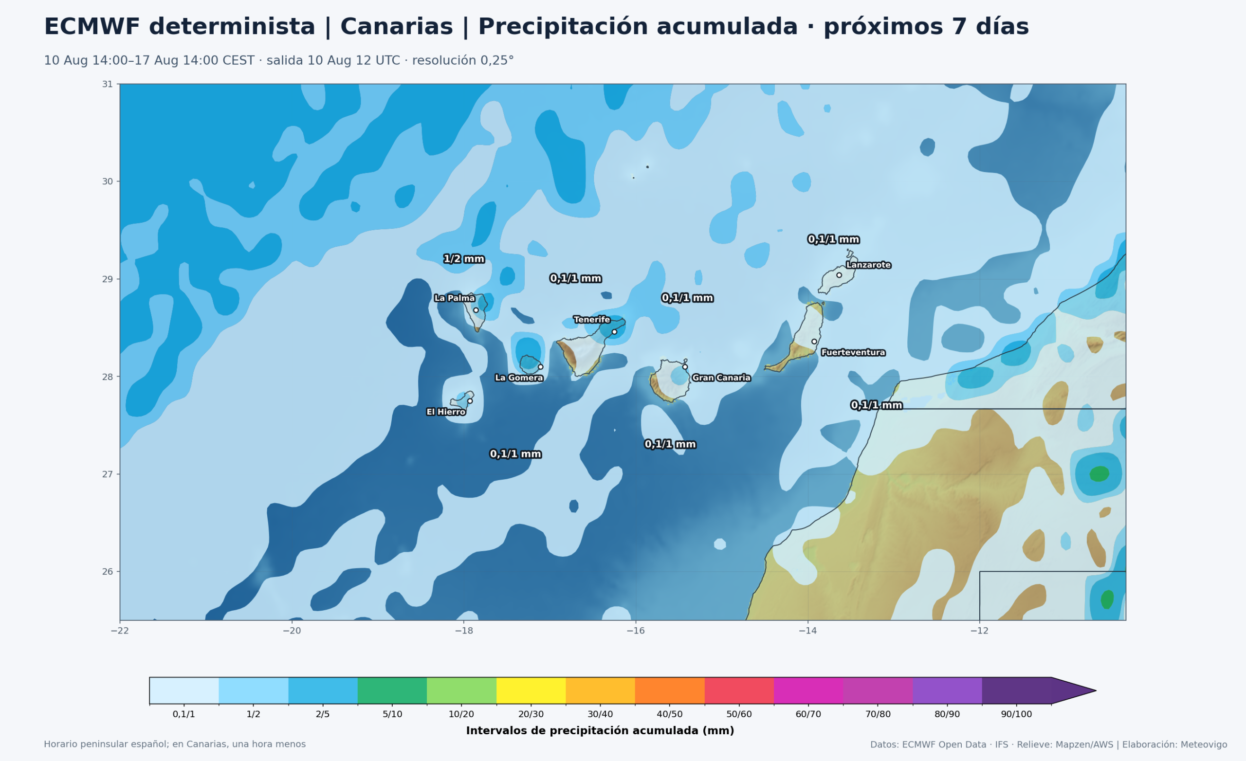 Mapa ECMWF de precipitaci&oacute;n acumulada en Canarias durante los pr&oacute;ximos siete d&iacute;as