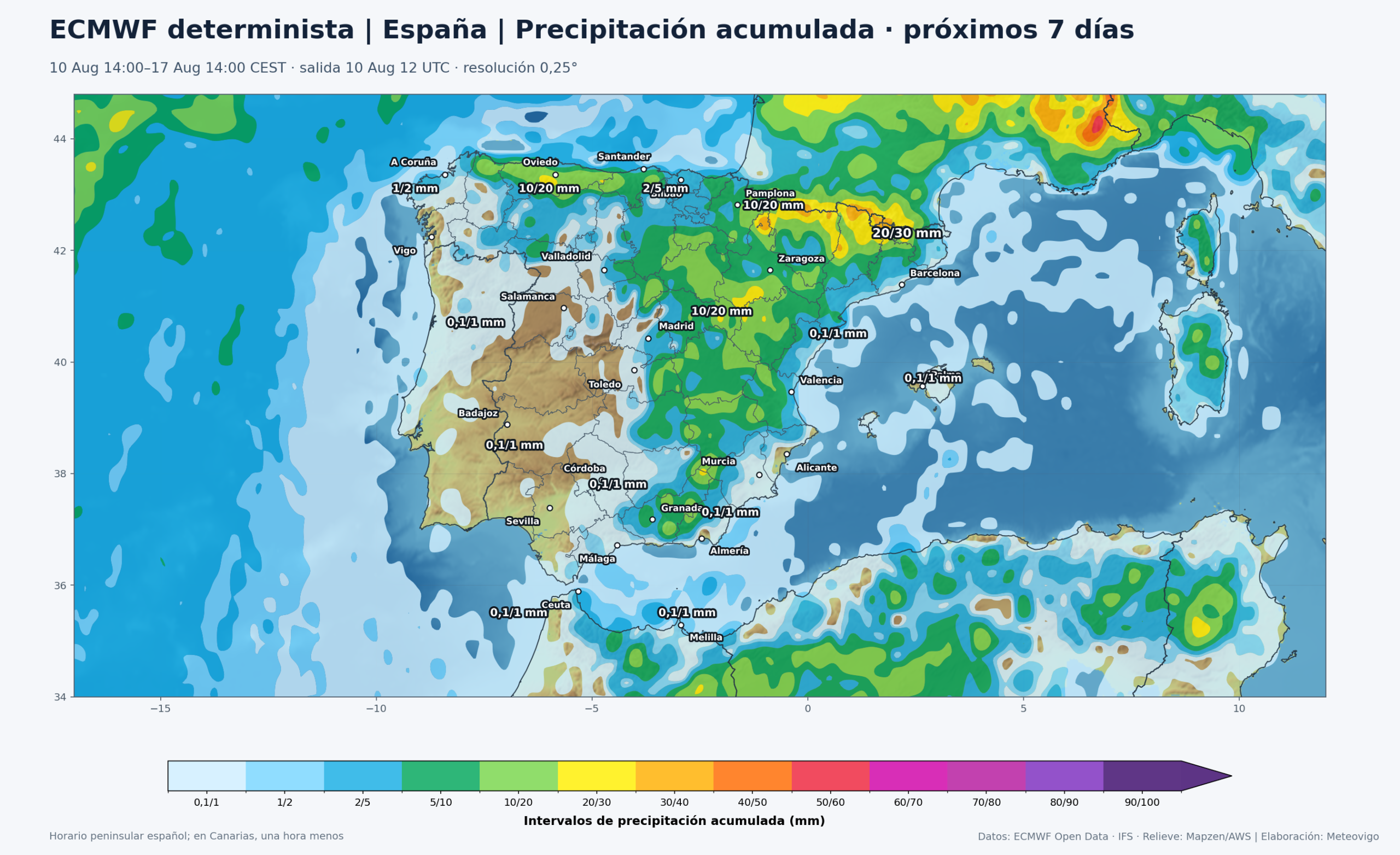 Mapa ECMWF de precipitaci&oacute;n acumulada en la Pen&iacute;nsula, Baleares, Ceuta y Melilla durante los pr&oacute;ximos siete d&iacute;as