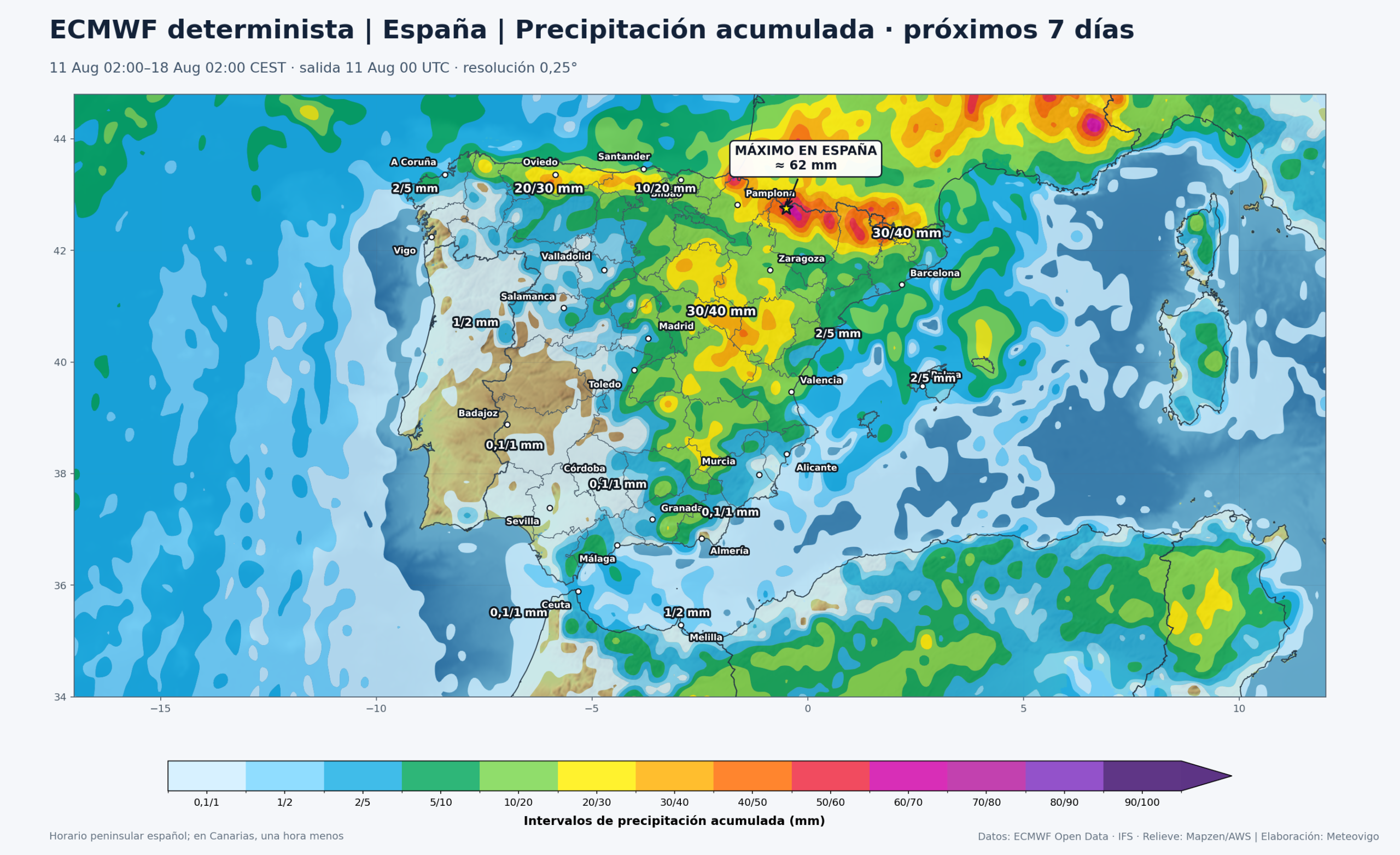Mapa ECMWF de precipitaci&oacute;n acumulada en la Pen&iacute;nsula, Baleares, Ceuta y Melilla durante los pr&oacute;ximos siete d&iacute;as
