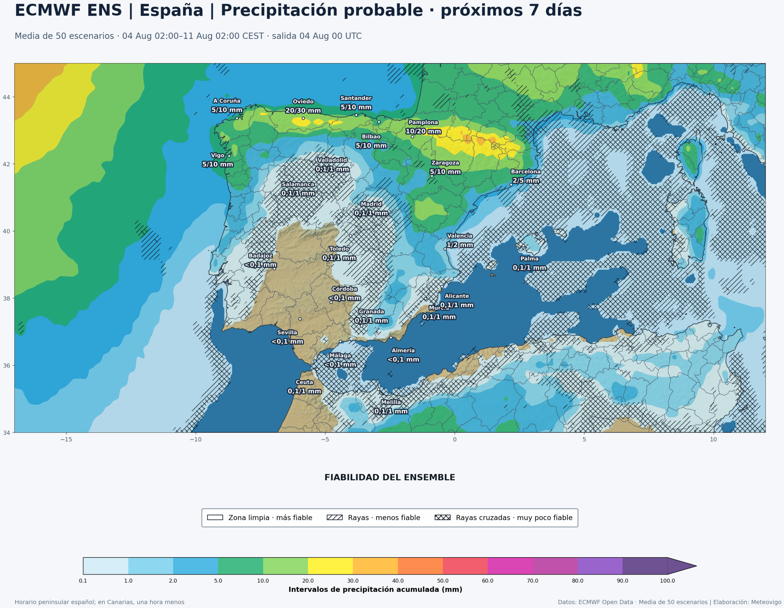 Mapa de precipitación acumulada y fiabilidad del ensemble europeo para la Península, Baleares, Ceuta y Melilla entre el 4 y el 11 de agosto de 2026