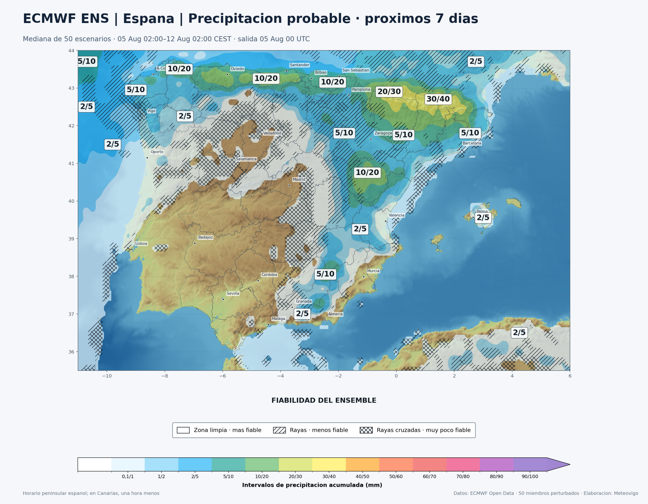 Mapa de precipitaci&oacute;n acumulada pr&oacute;ximos 7 d&iacute;as en Espa&ntilde;a seg&uacute;n ECMWF ENS
