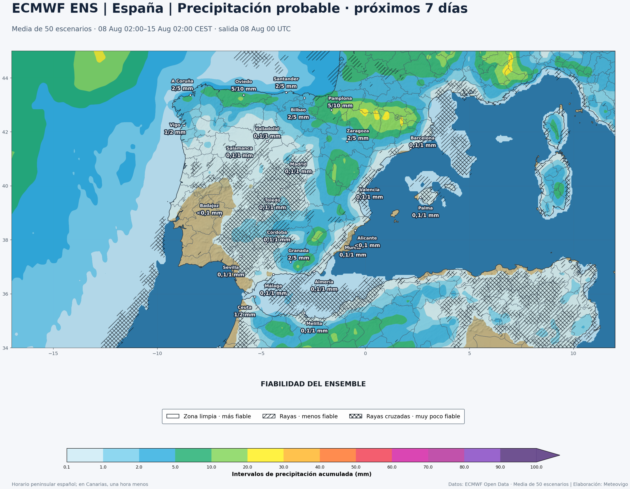 Mapa de precipitaci&oacute;n acumulada y fiabilidad del ensemble europeo para la Pen&iacute;nsula, Baleares, Ceuta y Melilla entre el 8 y el 15 de agosto de 2026