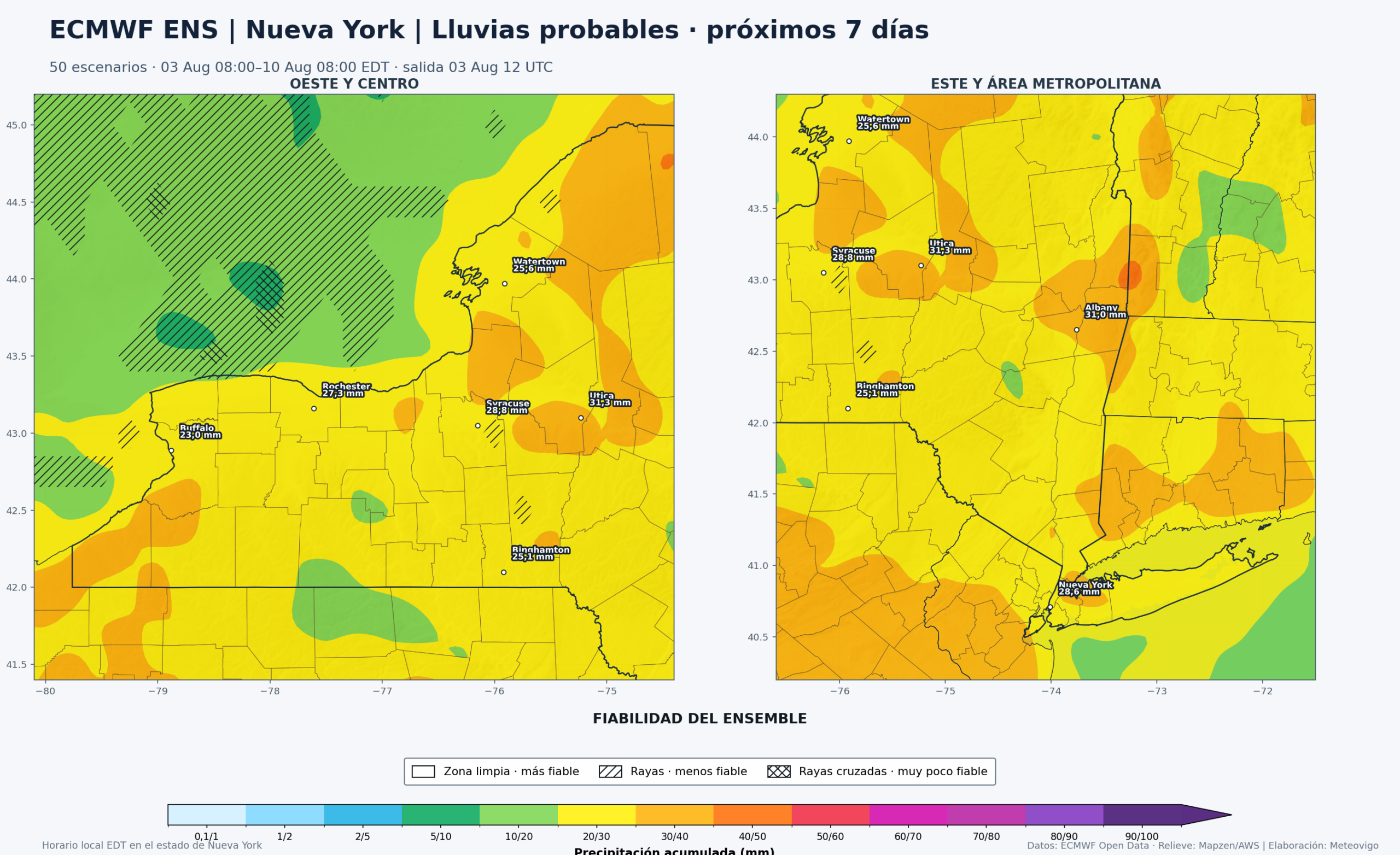 Precipitación acumulada y fiabilidad del ECMWF ENS para Nueva York durante los próximos siete días