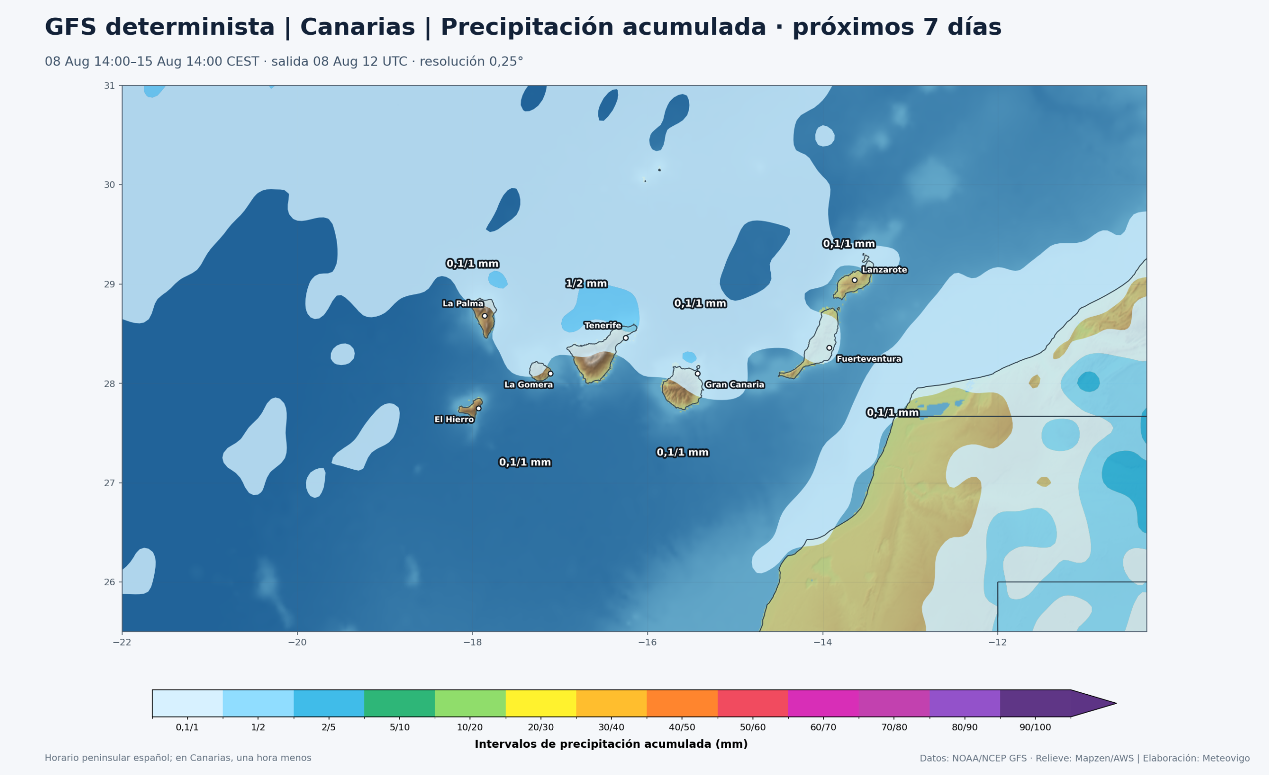 Mapa GFS de precipitación acumulada en Canarias durante los próximos siete días