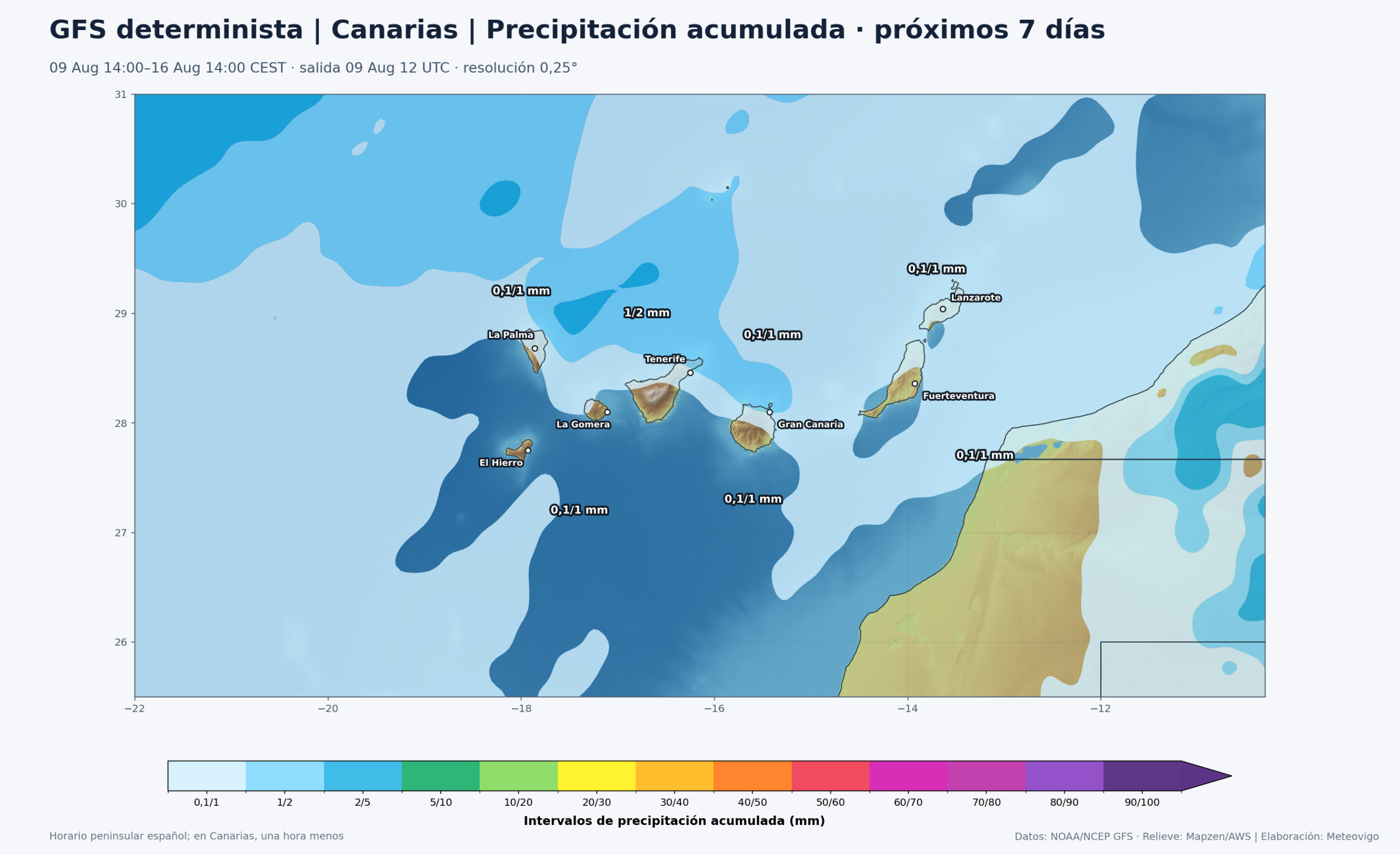 Precipitaci&oacute;n acumulada del GFS determinista en Canarias del 9 al 16 de agosto de 2026