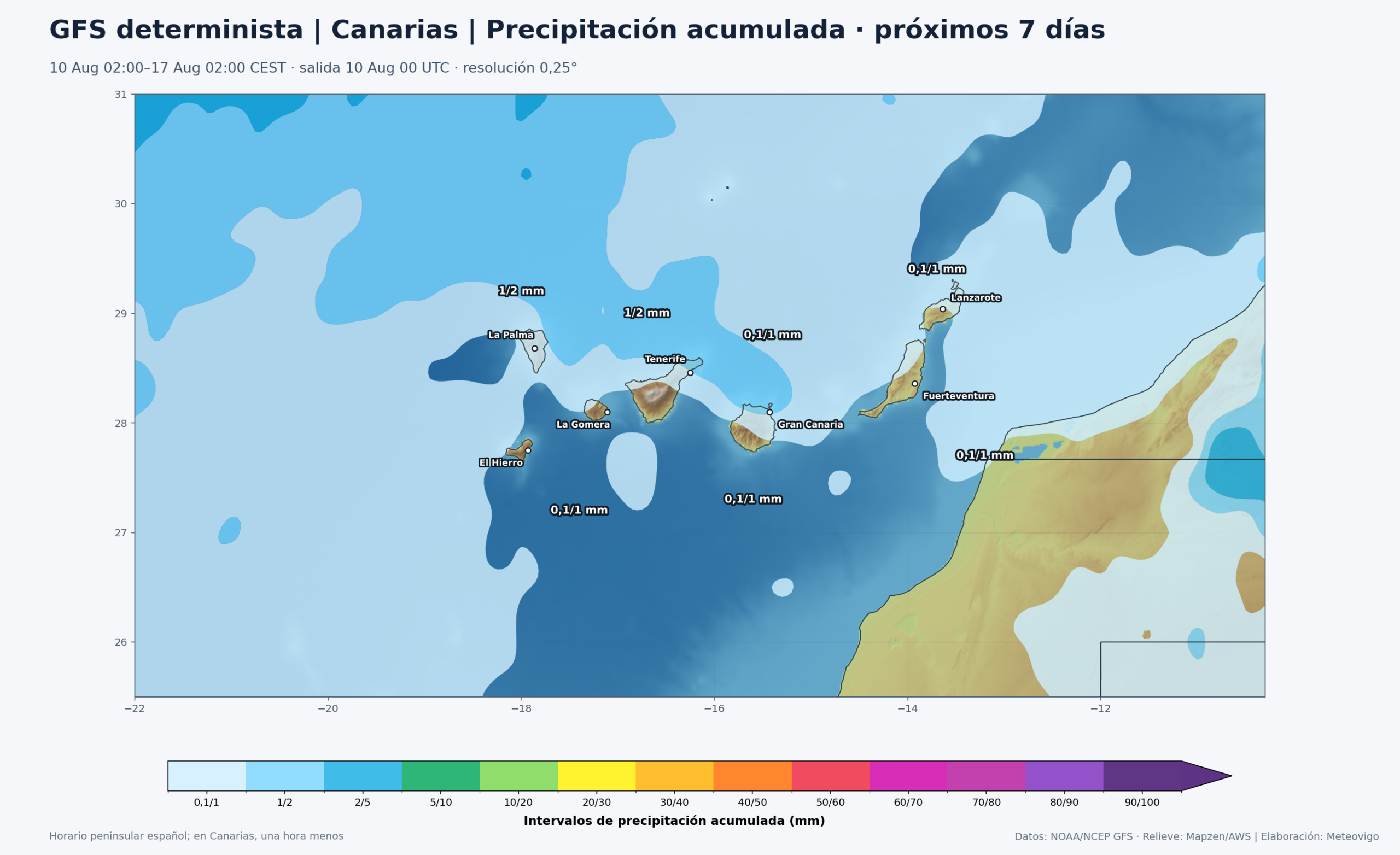 Mapa GFS de precipitaci&oacute;n acumulada en Canarias del 10 al 17 de agosto de 2026